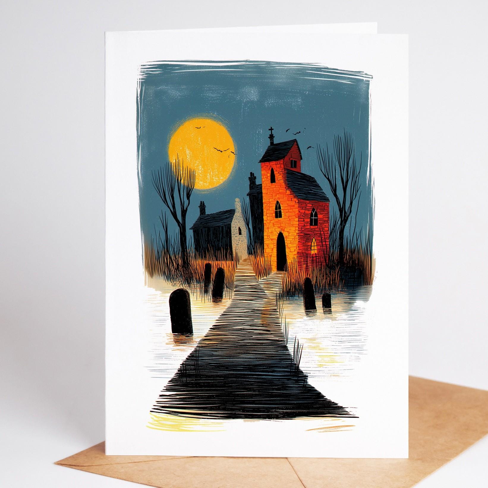 Haunted Village folk-art greeting card, blank inside