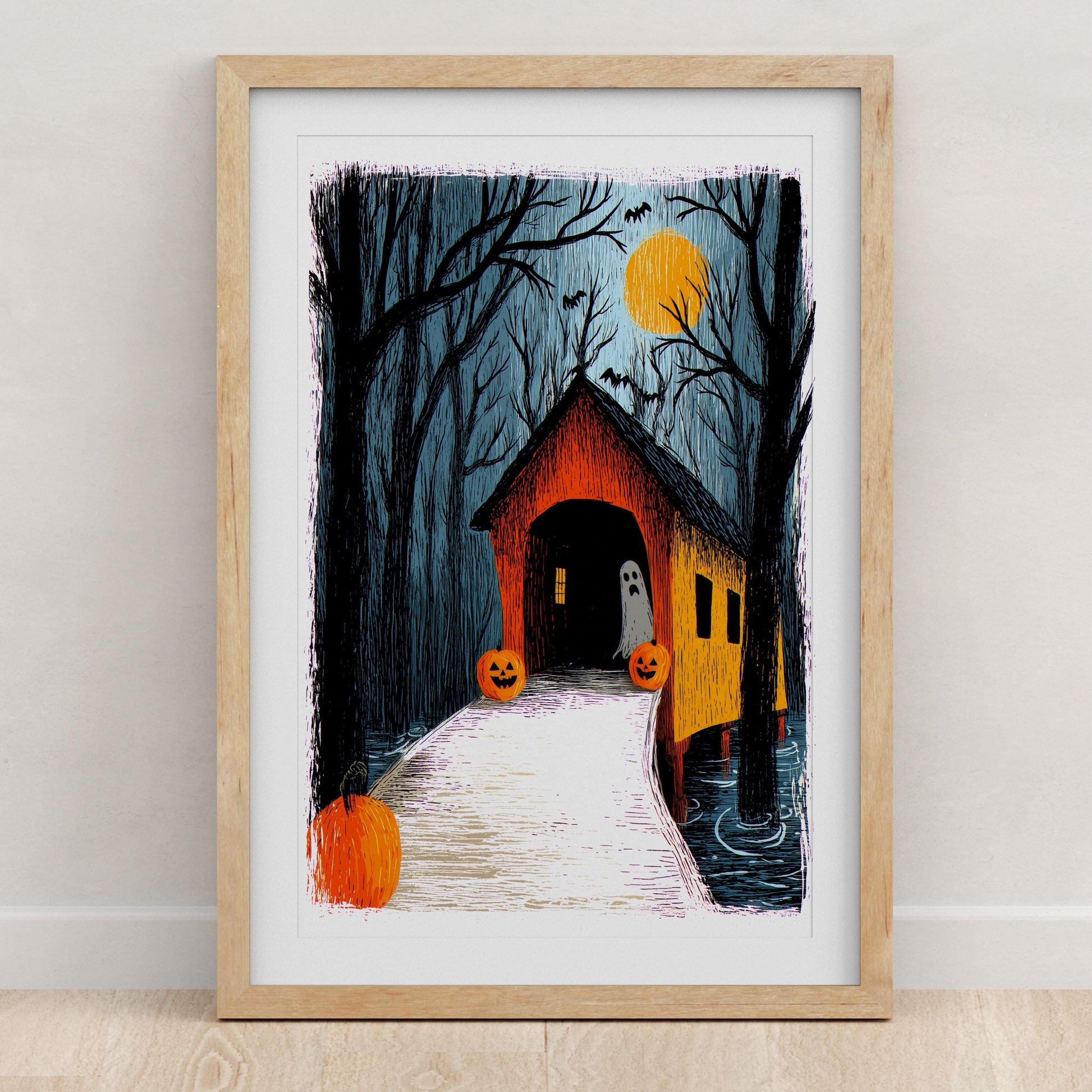 Haunted Village folk-art art print, blank inside
