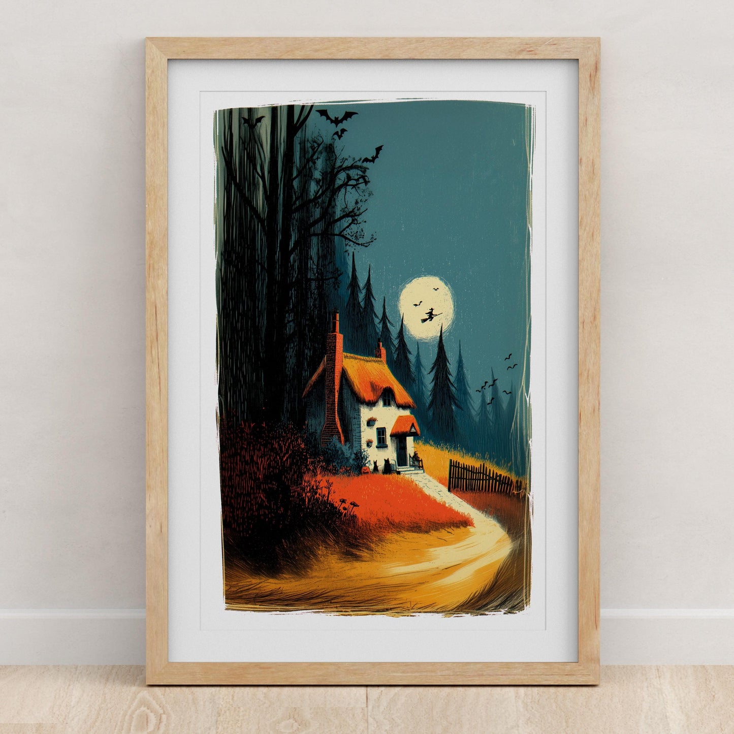 Haunted Village folk-art art print, blank inside