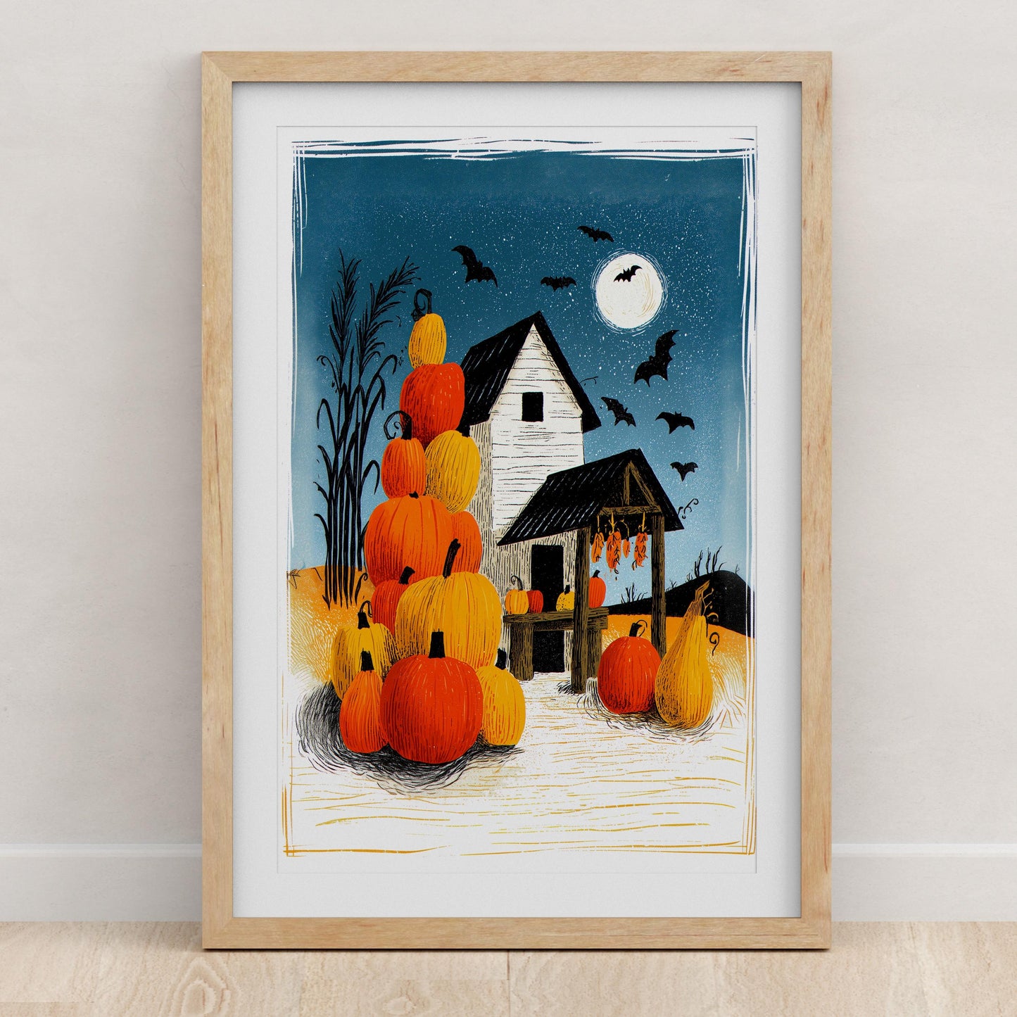 Pumpkin Patch folk-art art print, blank inside