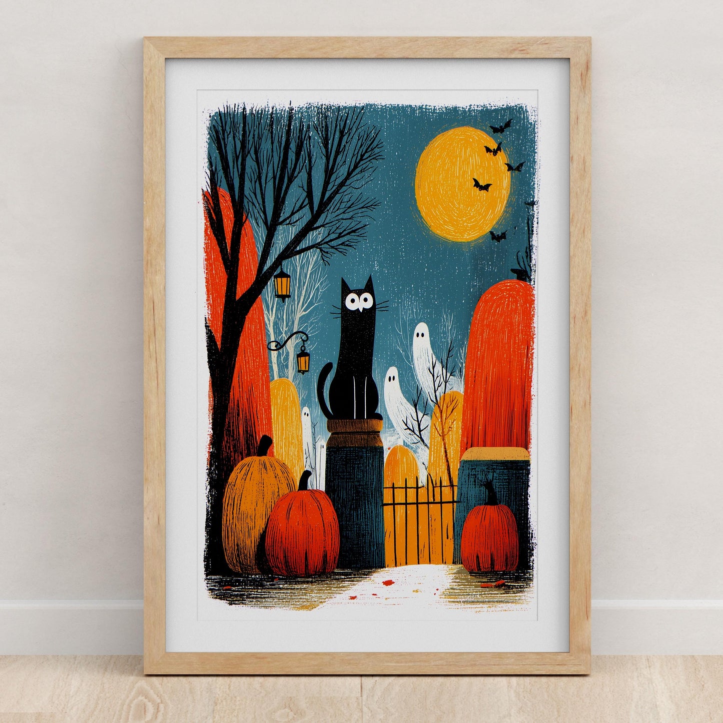 Black Cat folk-art art print, blank inside