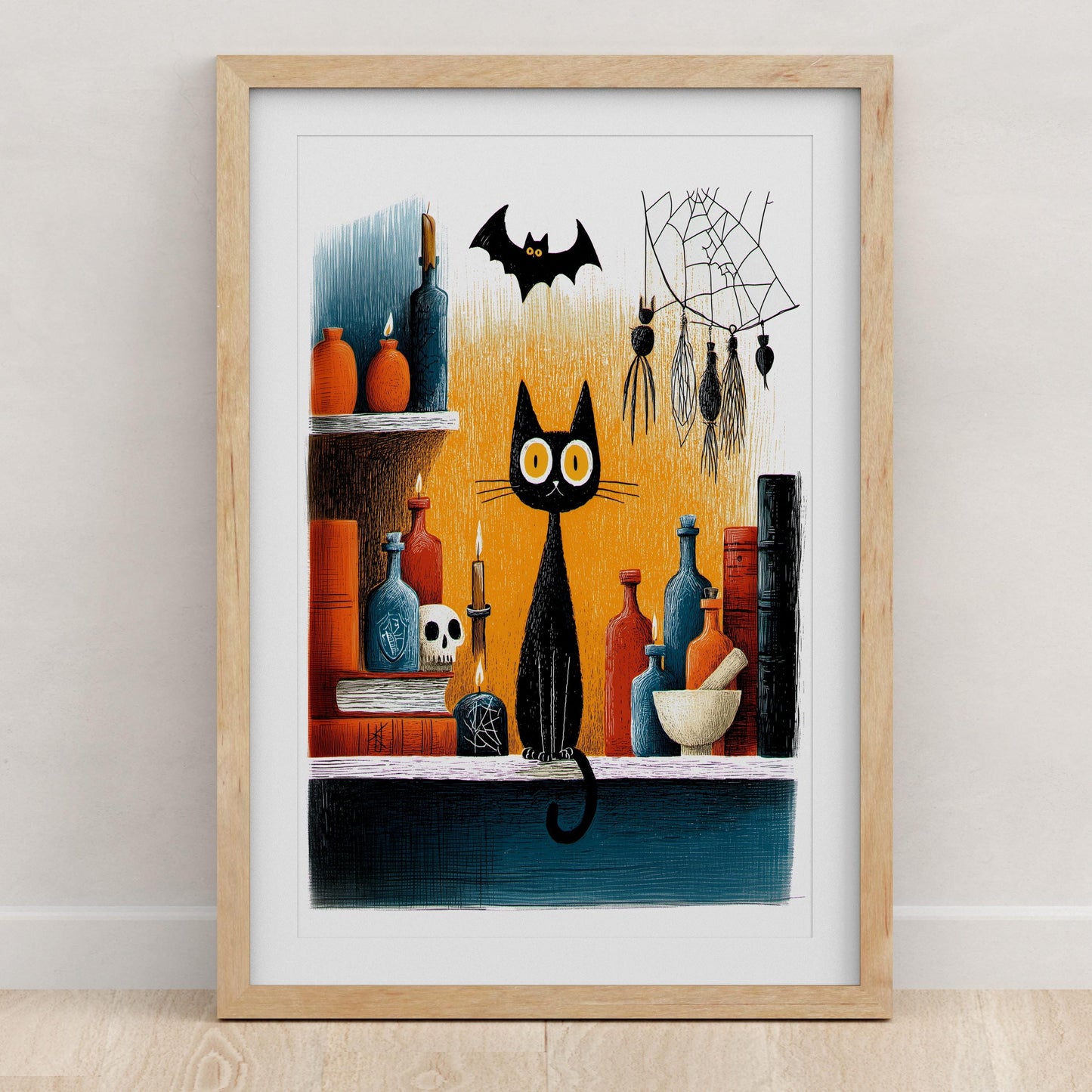 Black Cat folk-art art print, blank inside