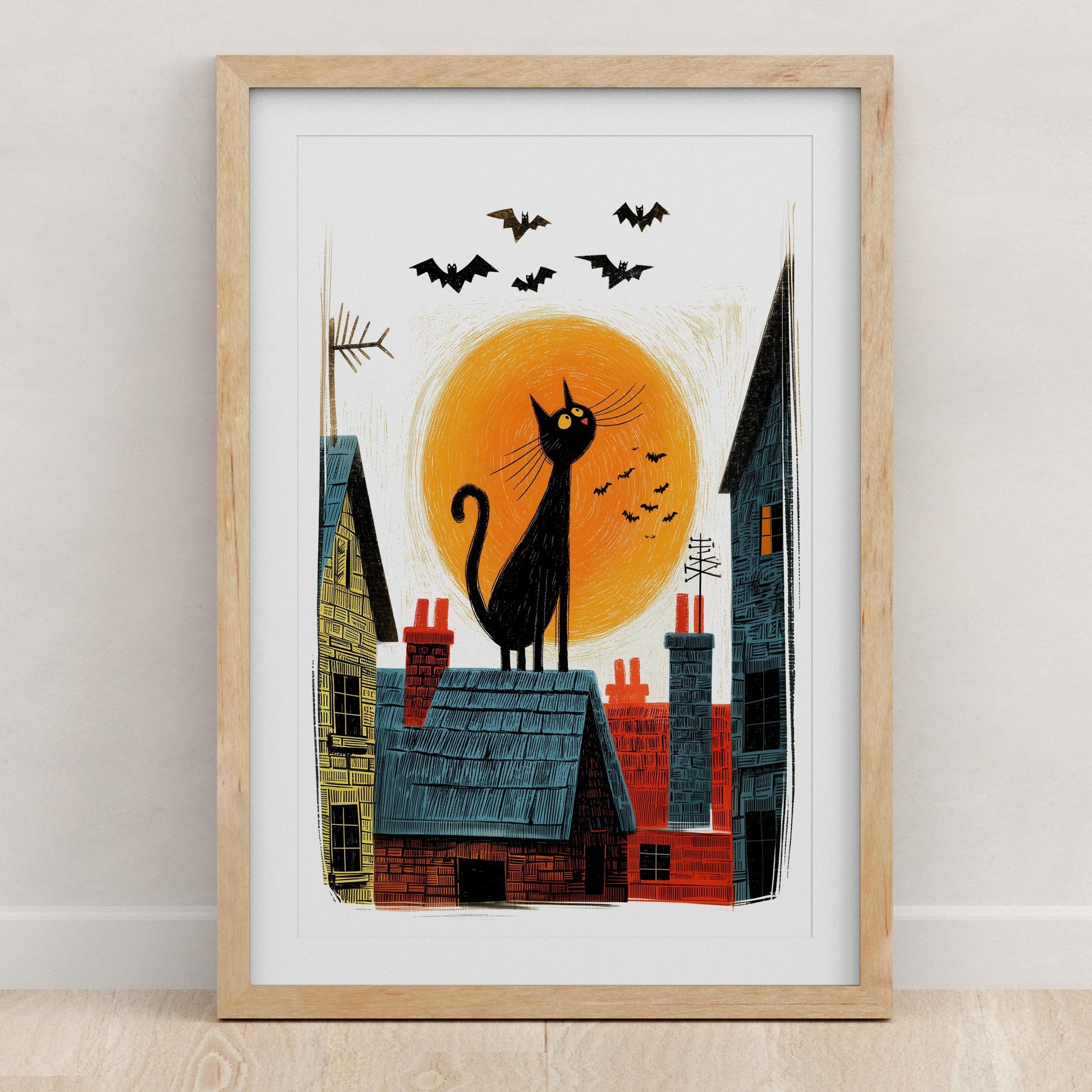 Black Cat folk-art art print, blank inside