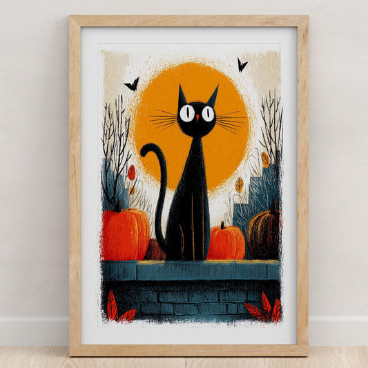 Black Cat folk-art art print, blank inside