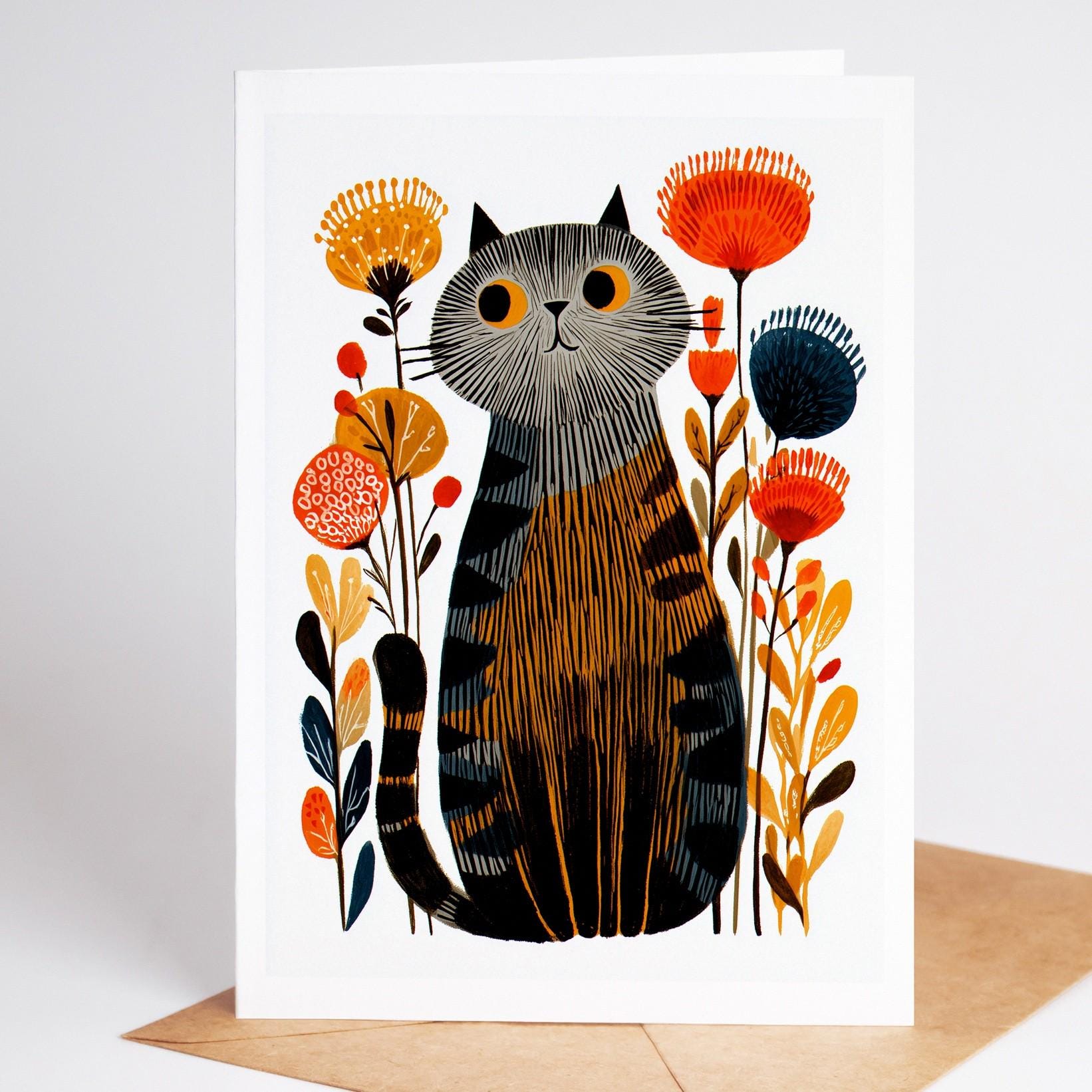 Cat Lover folk-art greeting card, blank inside