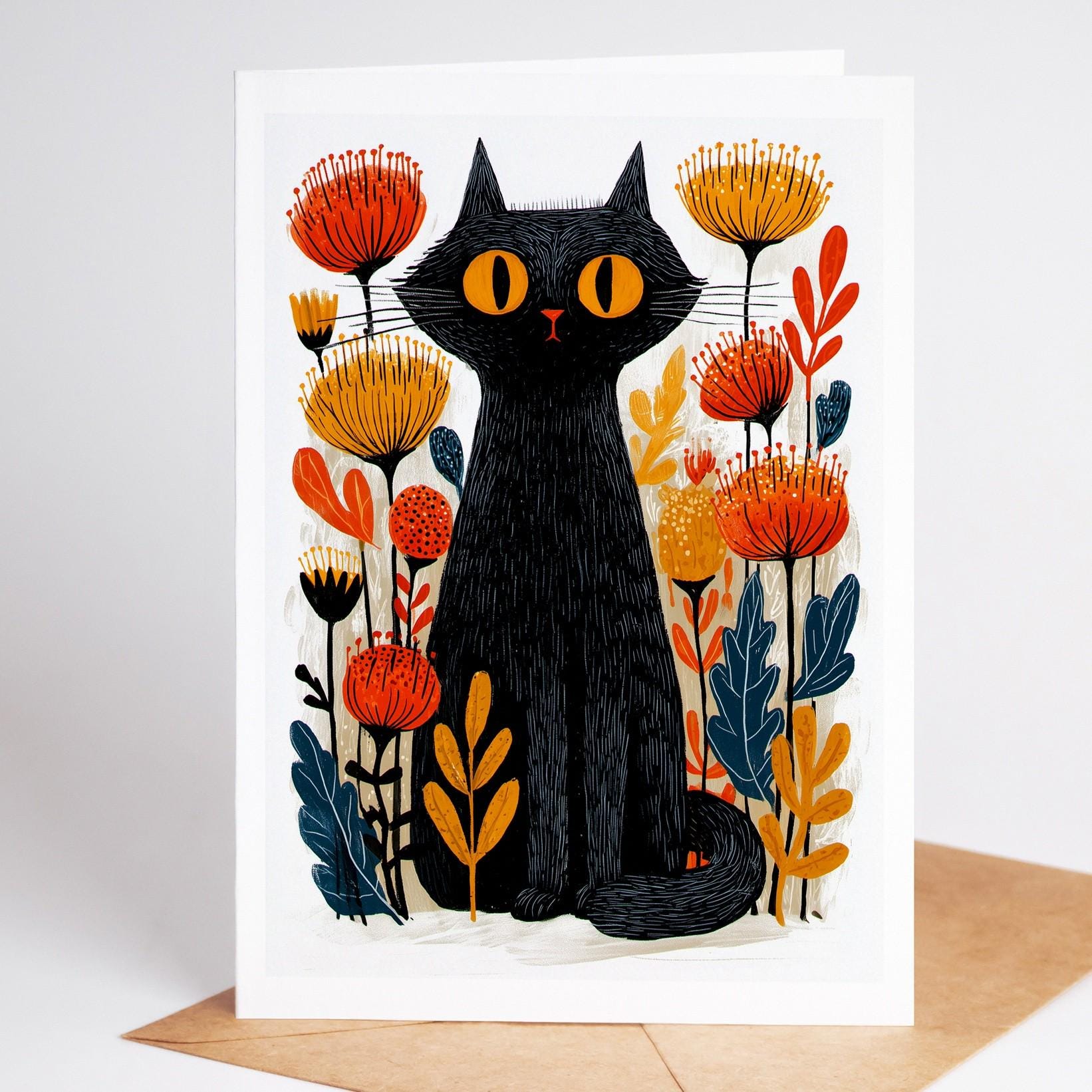 Cat Lover folk-art greeting card, blank inside