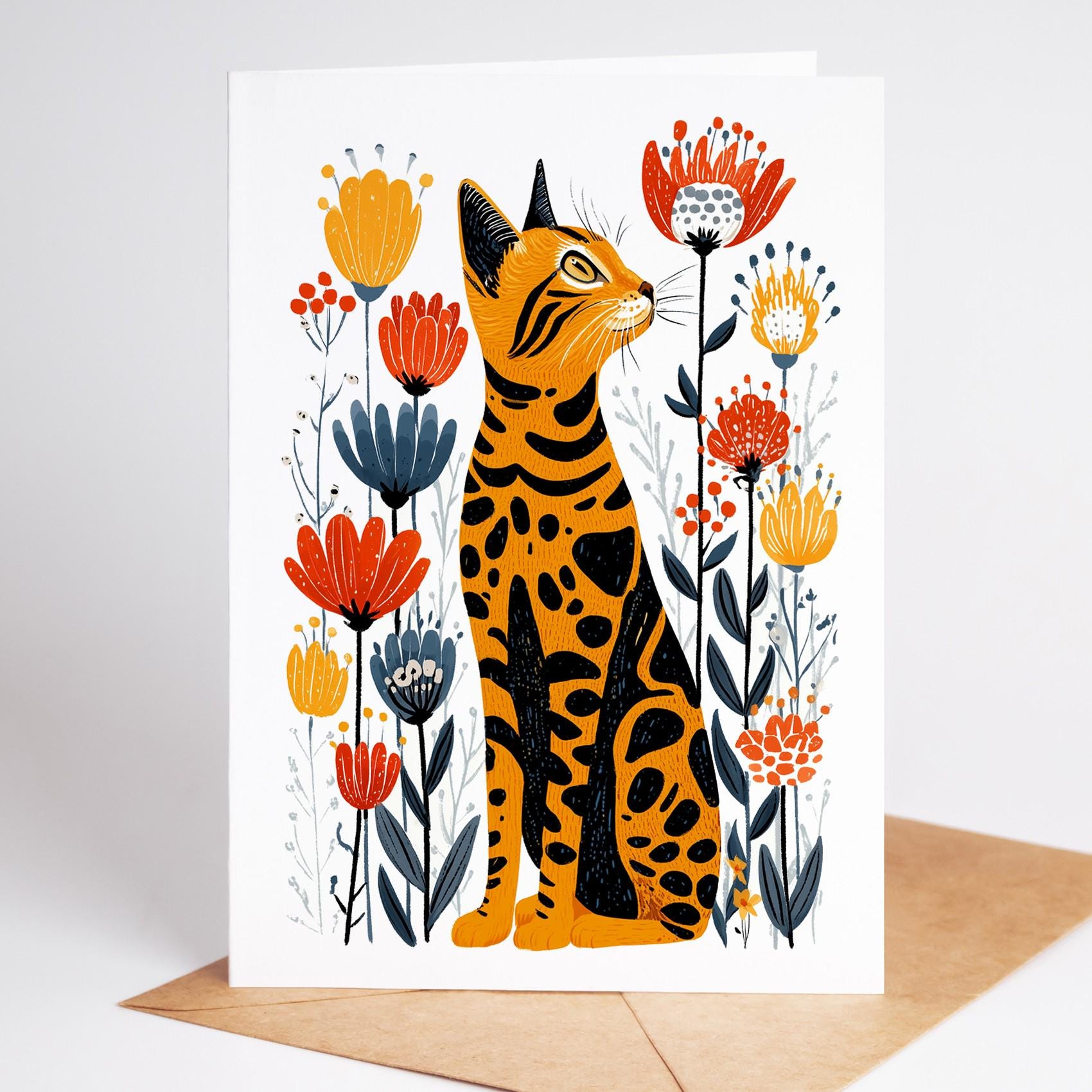 Cat Lover folk-art greeting card, blank inside