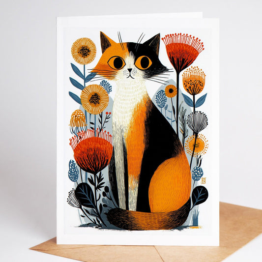Calico Cat folk-art greeting card, blank inside
