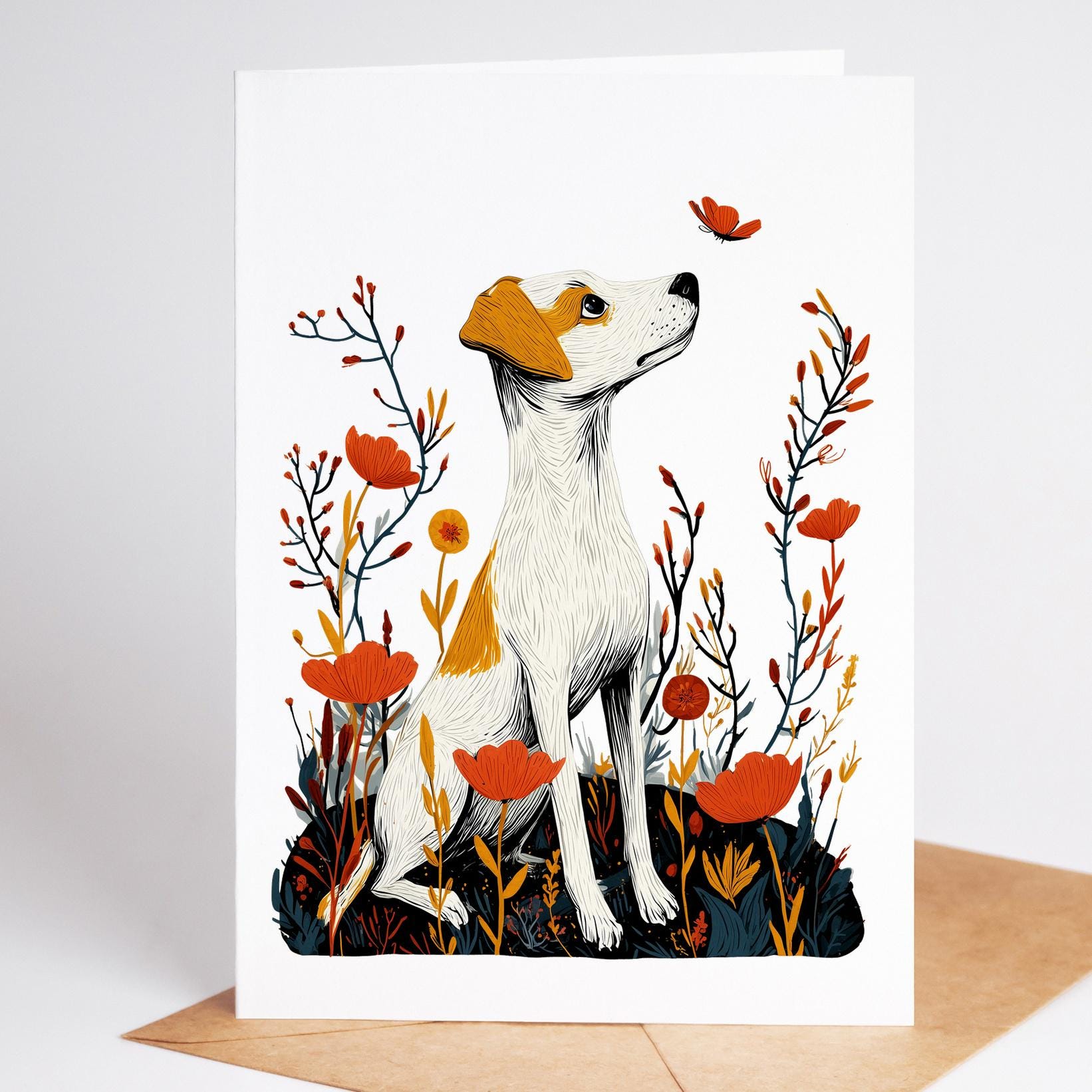 Jack Russell folk-art greeting card, blank inside