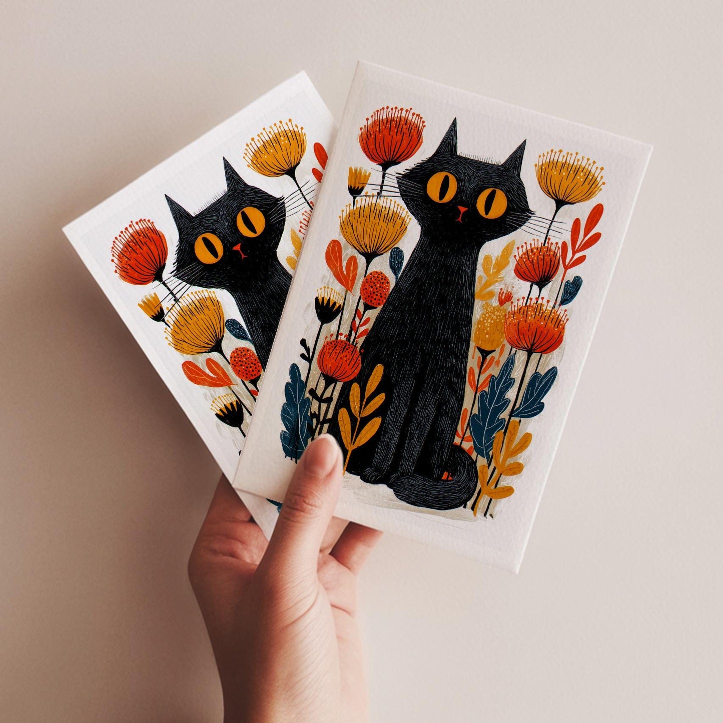 Black Cat folk-art greeting card, blank inside