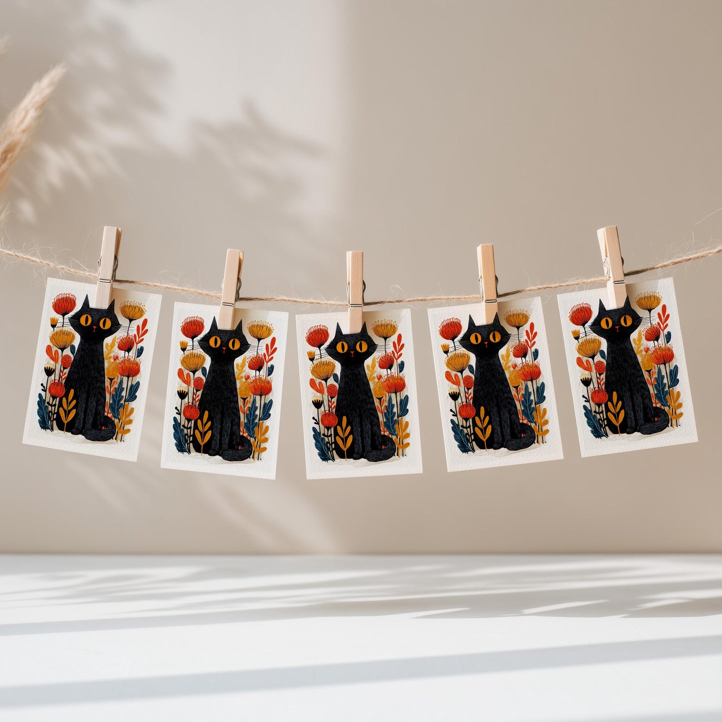 Black Cat folk-art greeting card, blank inside