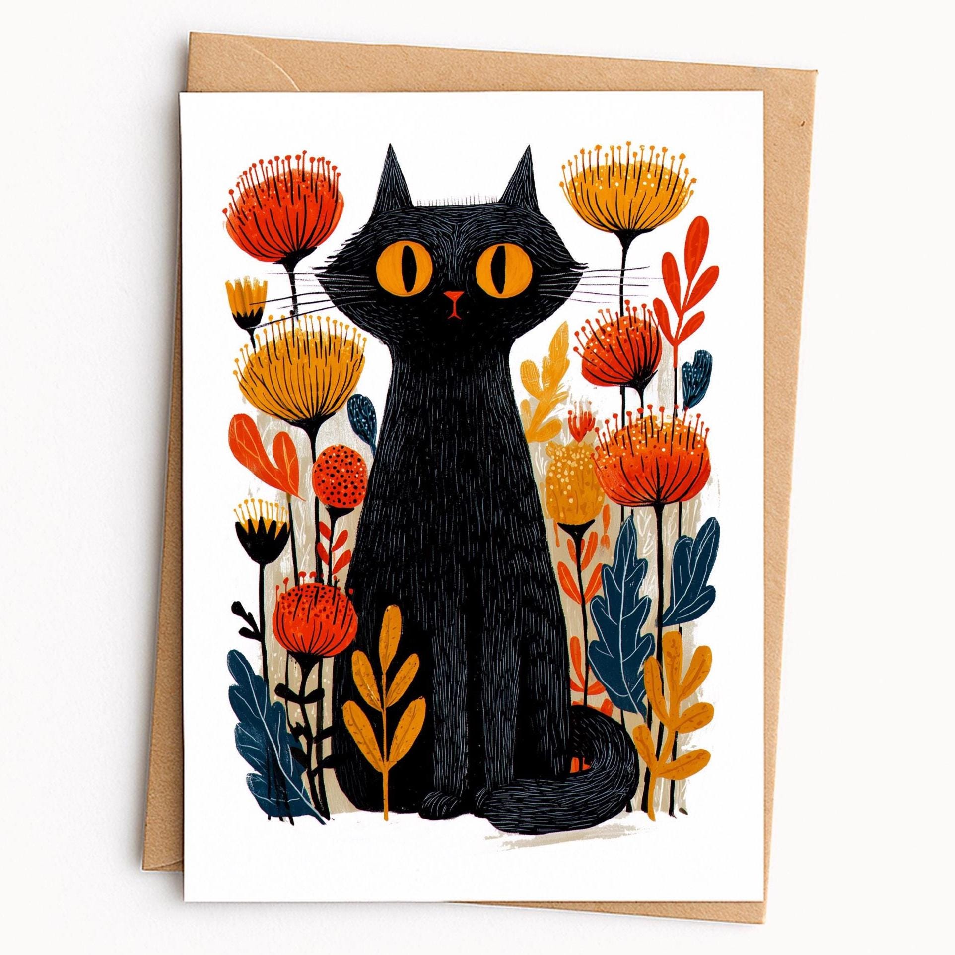 Black Cat folk-art greeting card, blank inside