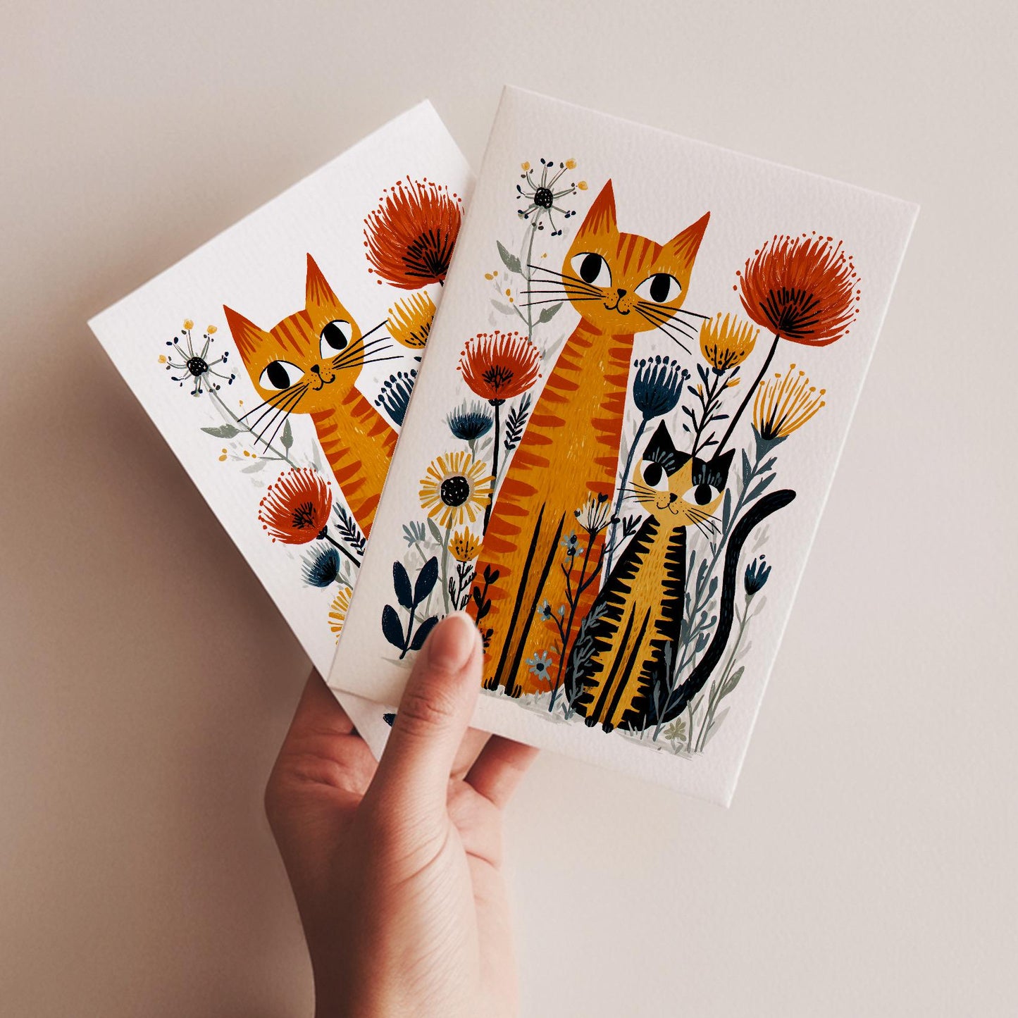 Orange Tabby Cat folk-art greeting card, blank inside