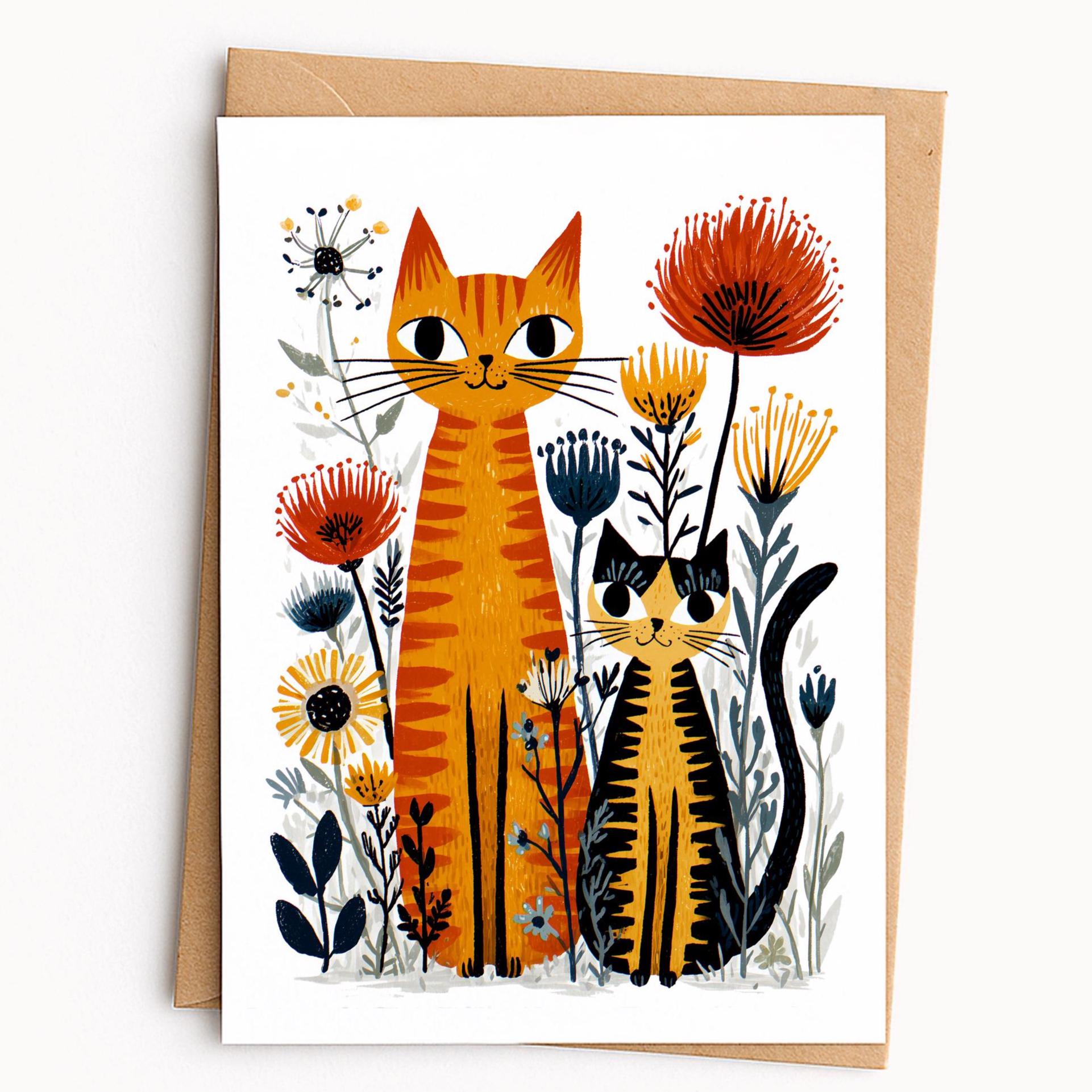 Orange Tabby Cat folk-art greeting card, blank inside