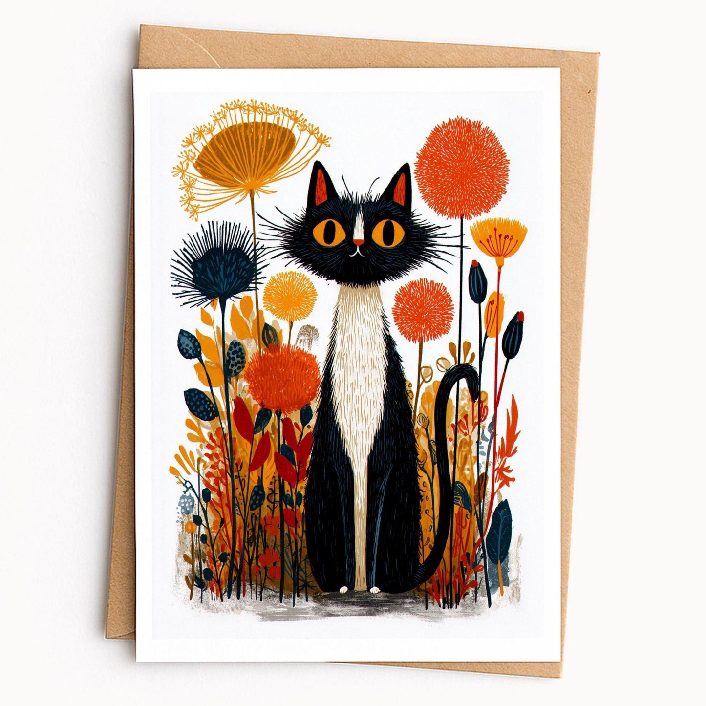 Tuxedo Cat folk-art greeting card, blank inside