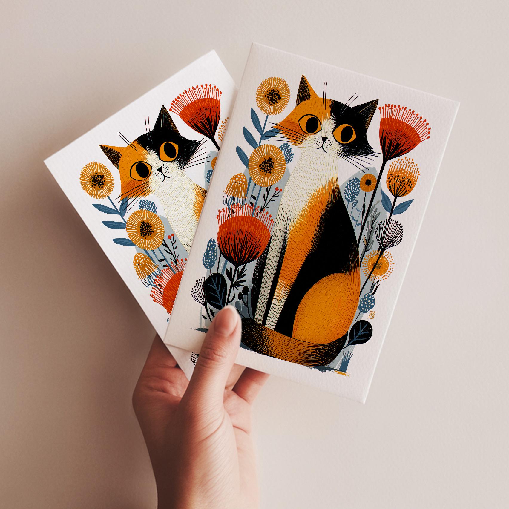 Calico Cat folk-art greeting card, blank inside