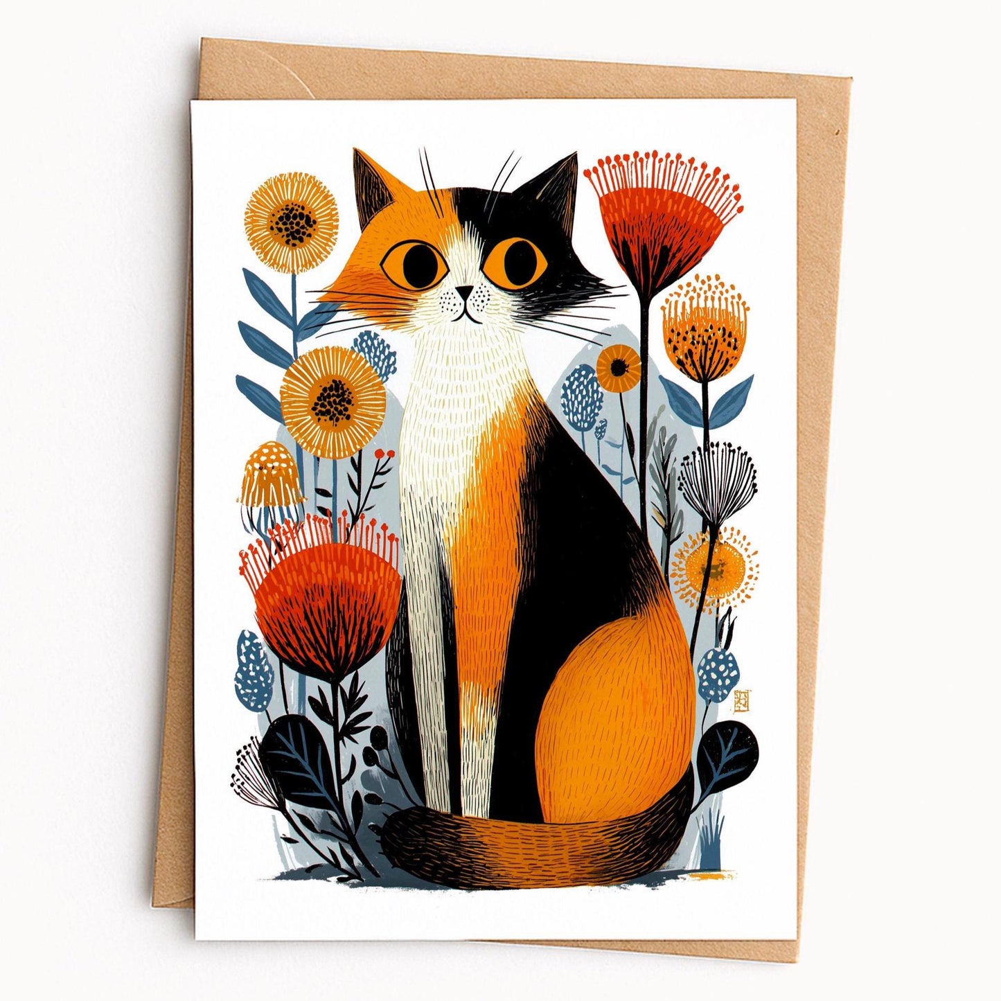 Calico Cat folk-art greeting card, blank inside