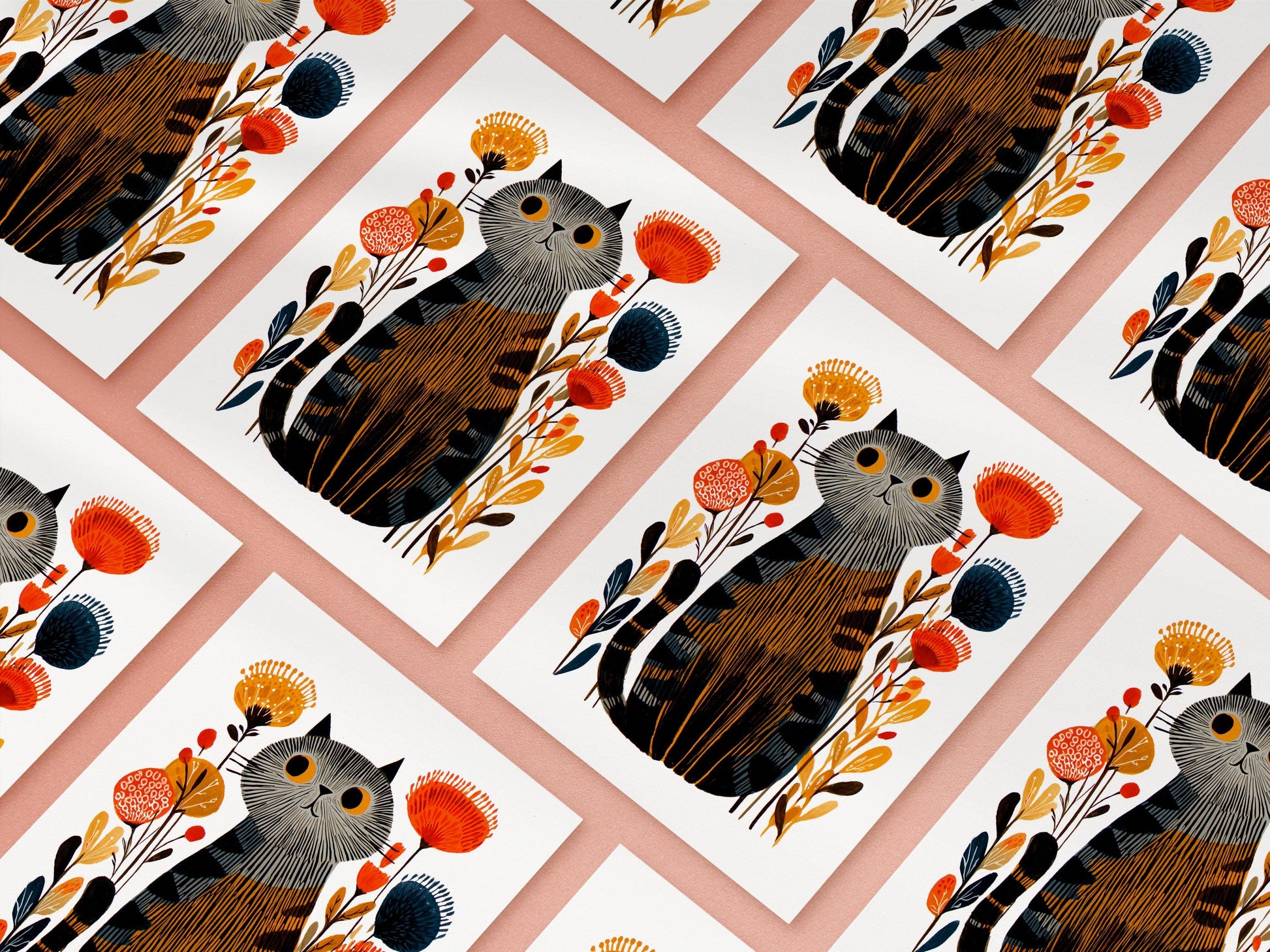 Grey Tabby Cat folk-art greeting card, blank inside