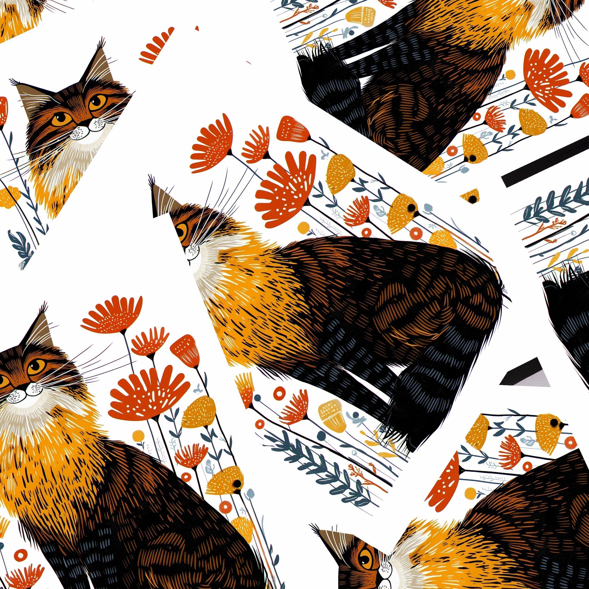 Maine Coon Cat folk-art greeting card, blank inside