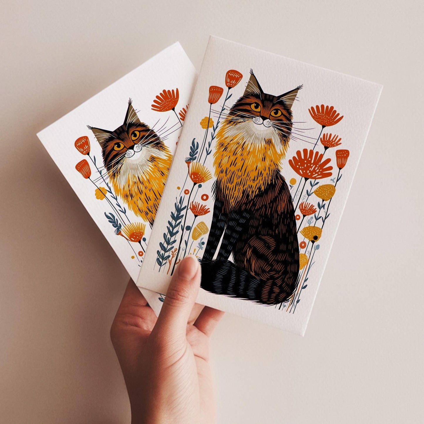 Maine Coon Cat folk-art greeting card, blank inside