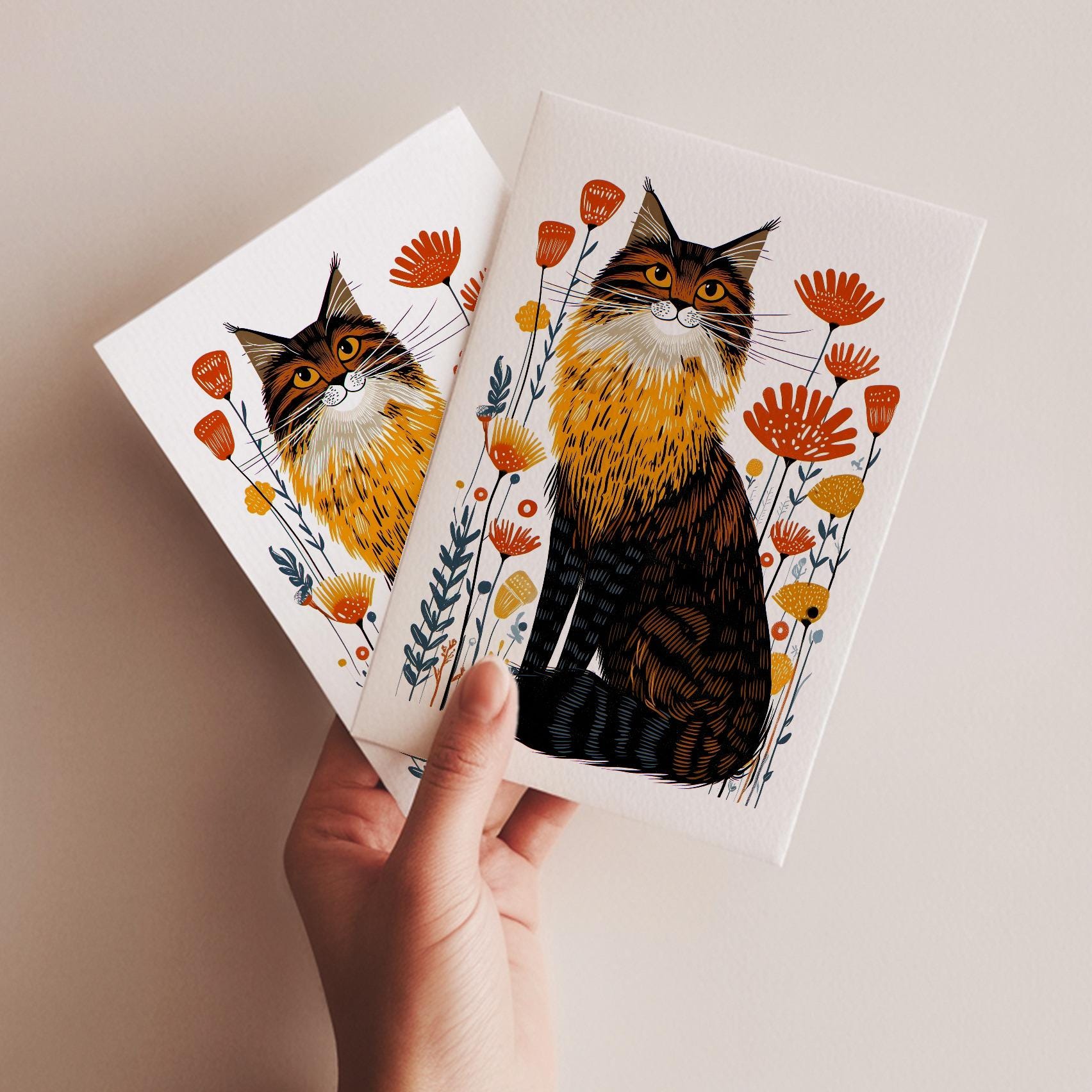 Maine Coon Cat folk-art greeting card, blank inside