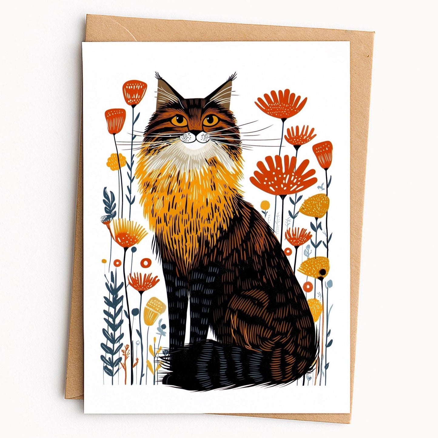 Maine Coon Cat folk-art greeting card, blank inside
