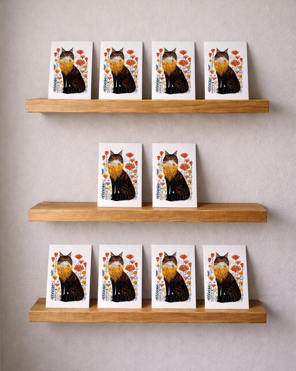 Maine Coon Cat folk-art greeting card, blank inside