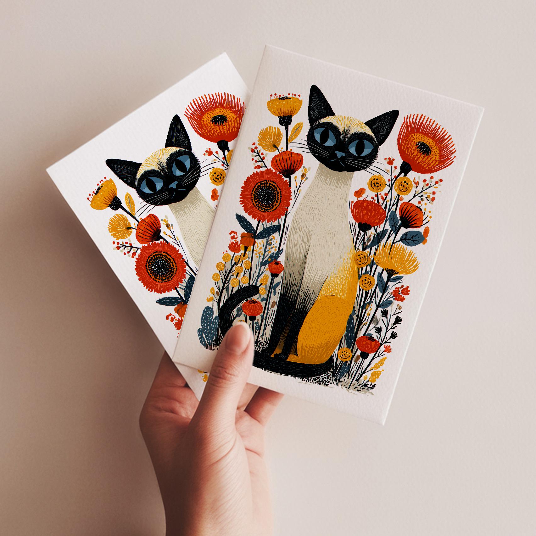 Siamese Cat folk-art greeting card, blank inside