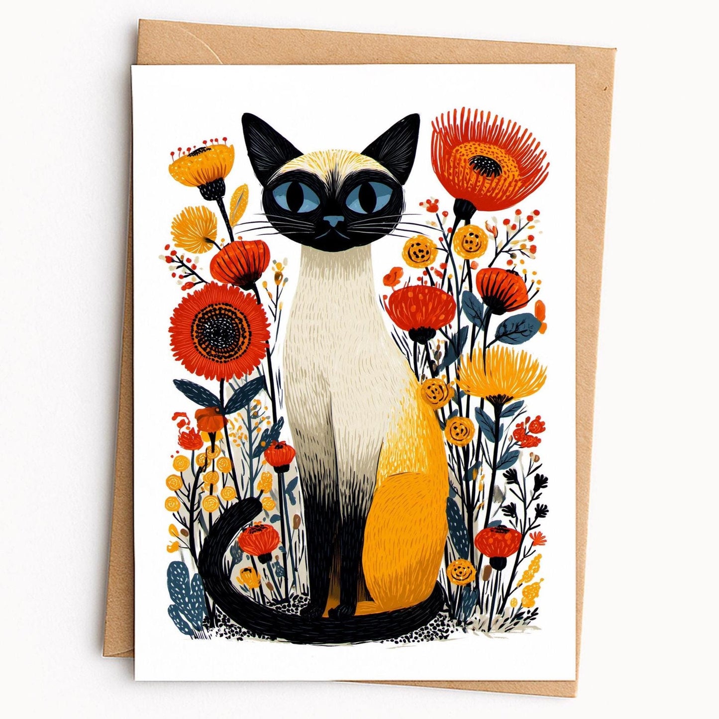 Siamese Cat folk-art greeting card, blank inside