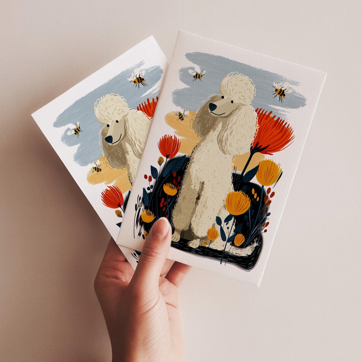 White Poodle folk-art greeting card, blank inside