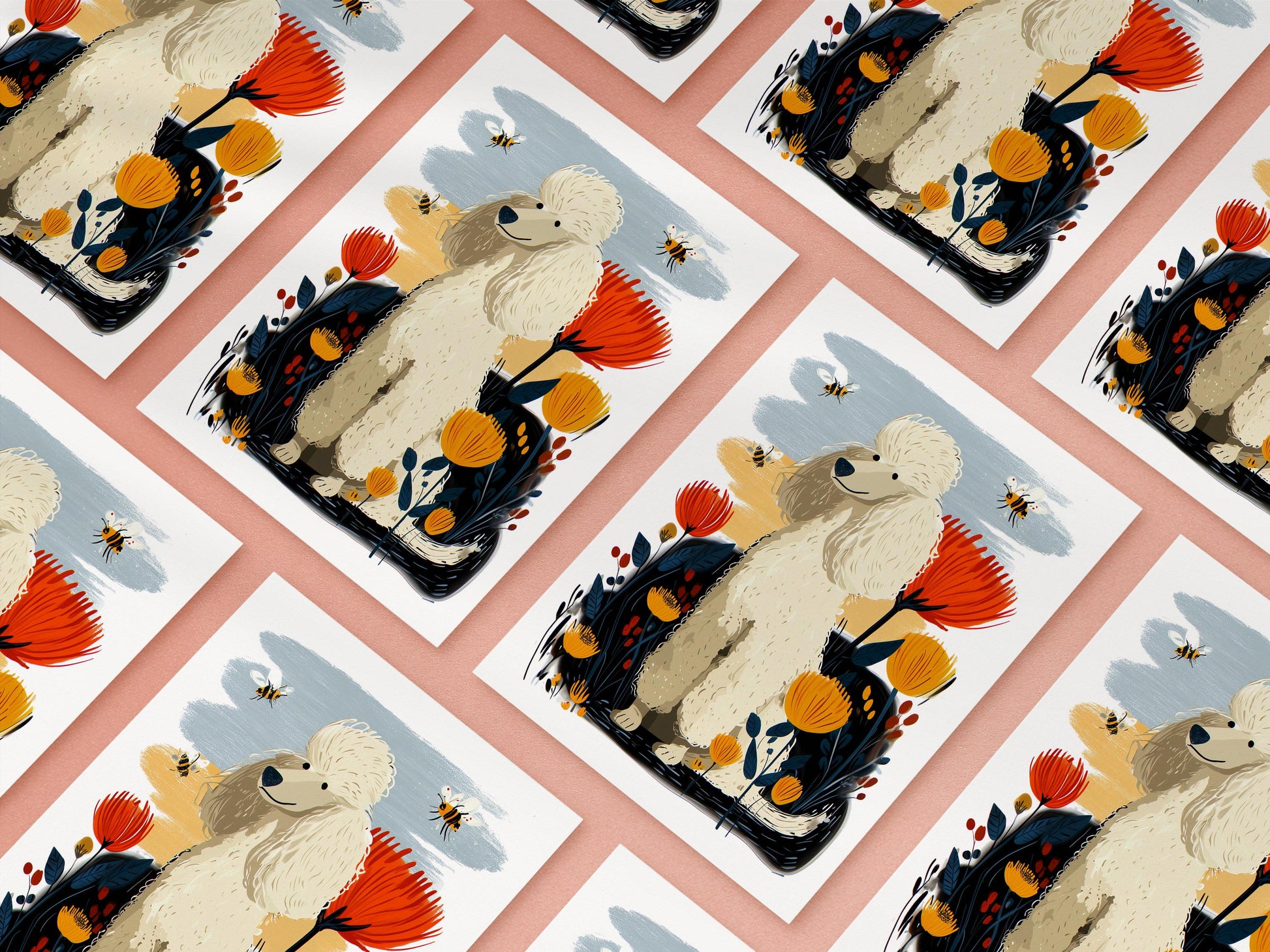 White Poodle folk-art greeting card, blank inside