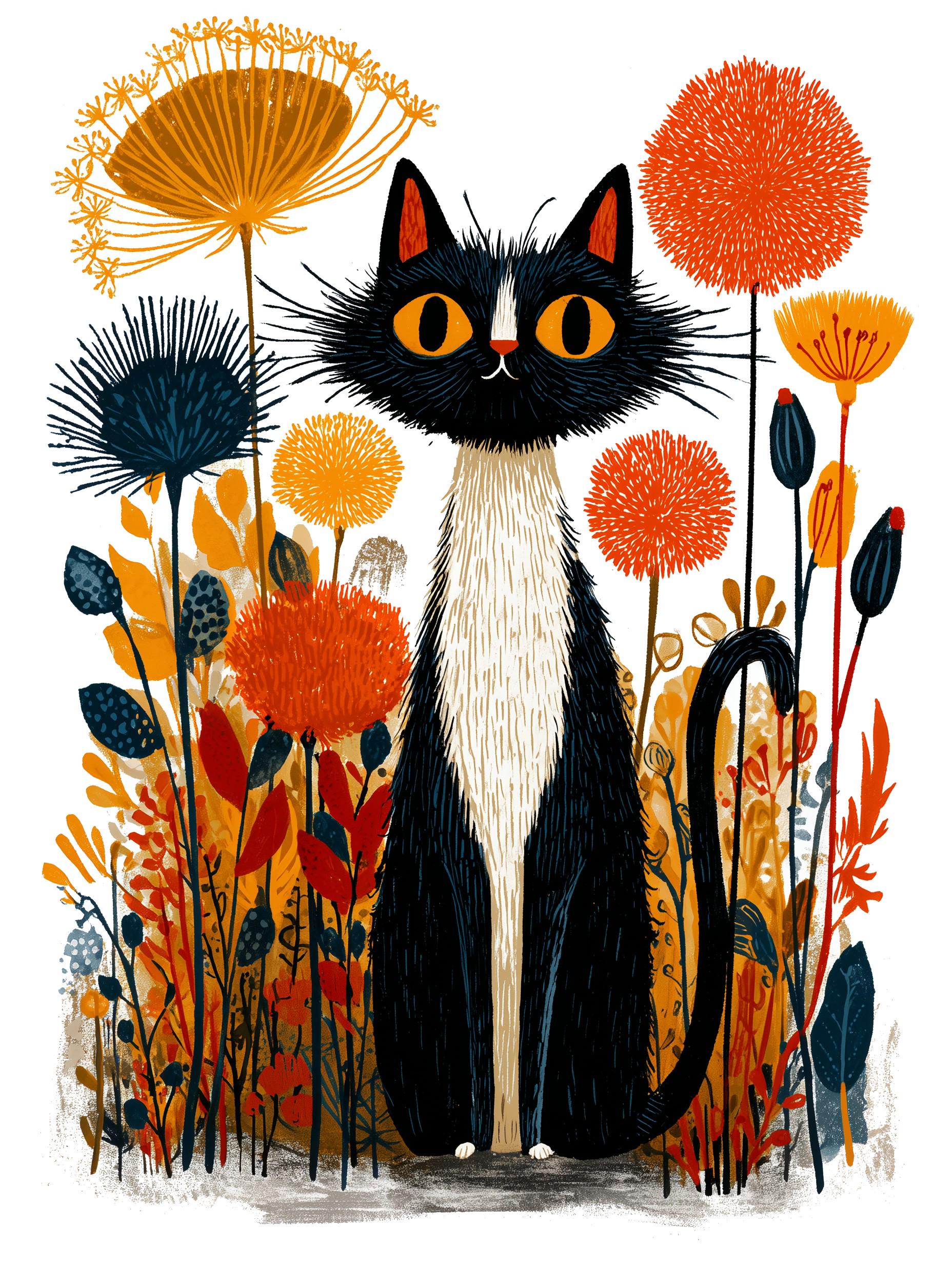 Tuxedo Cat folk-art greeting card, blank inside