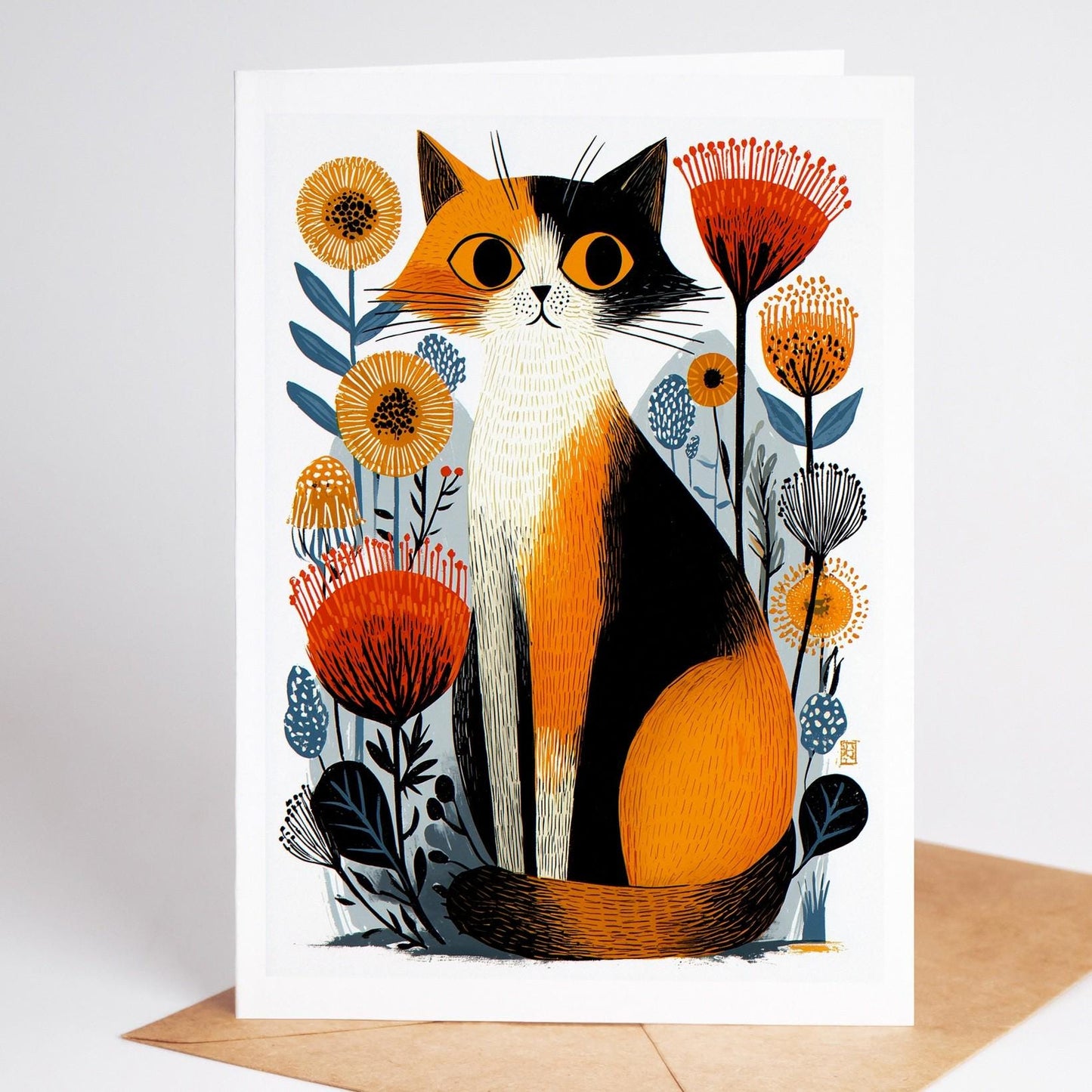 Calico Cat folk-art greeting card, blank inside