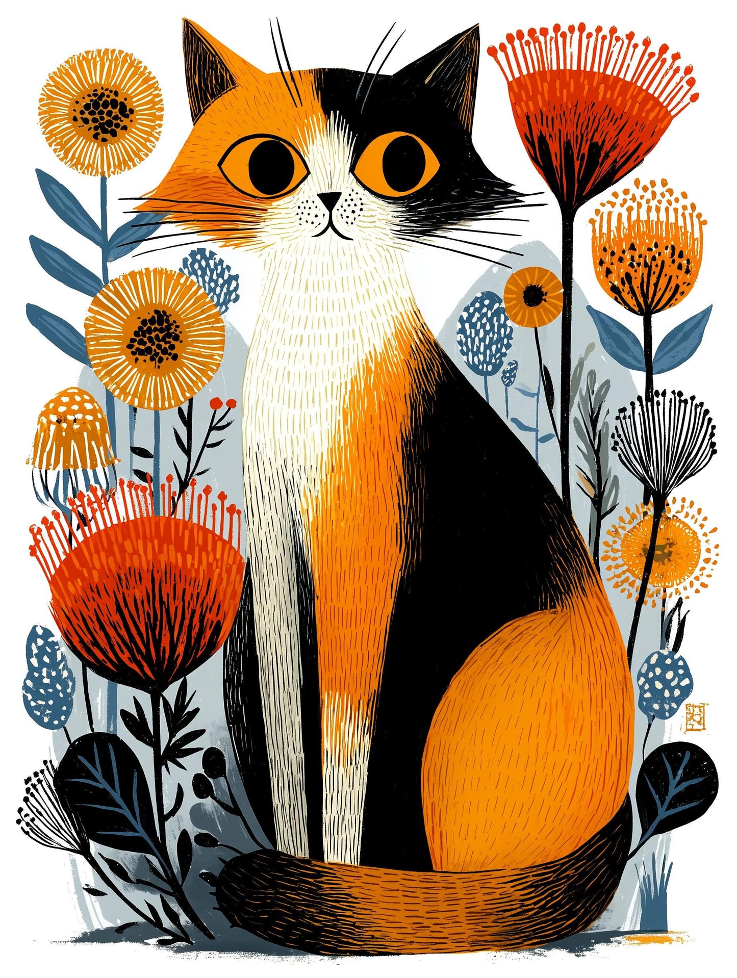 Calico Cat folk-art greeting card, blank inside