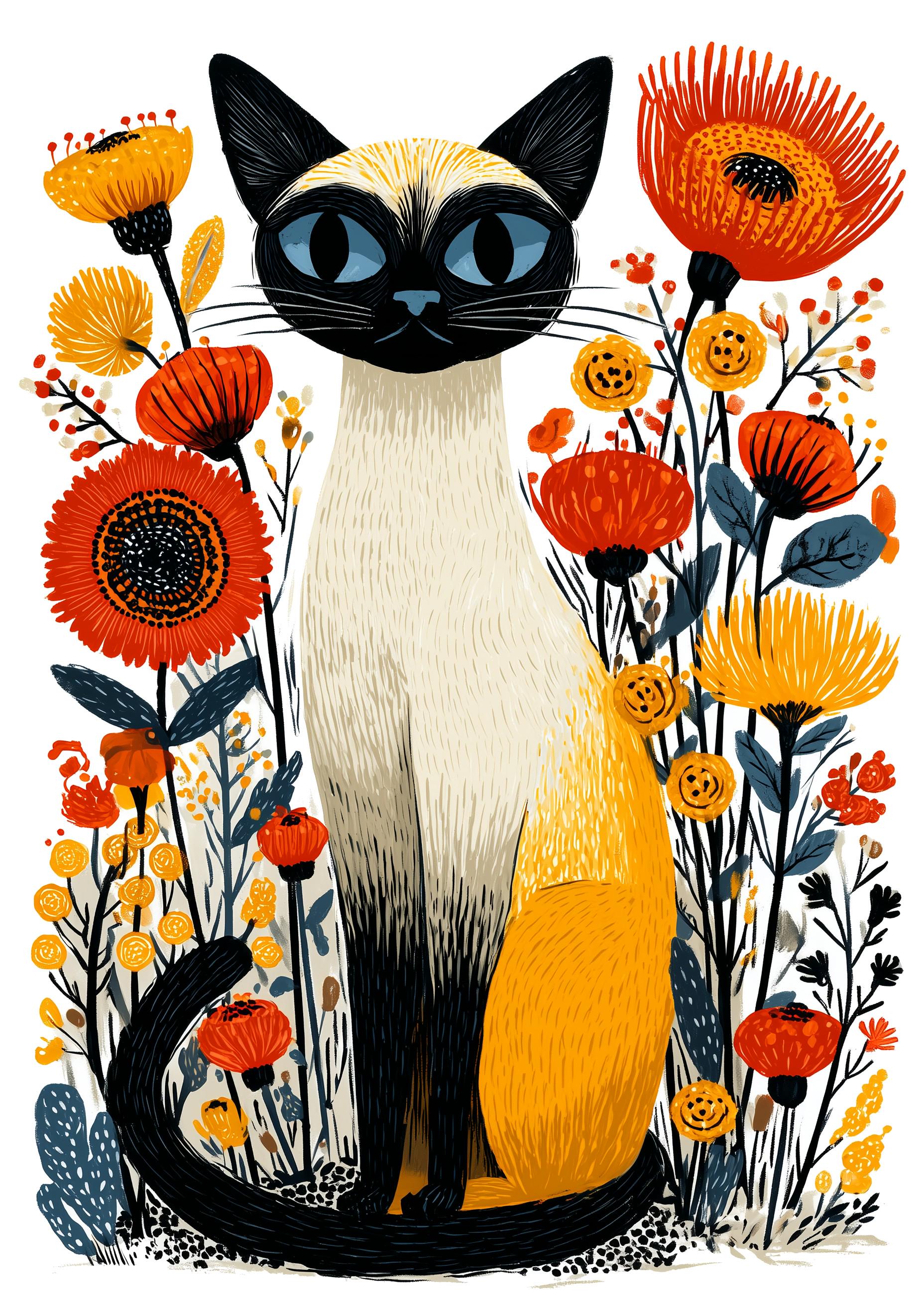 Siamese Cat folk-art greeting card, blank inside