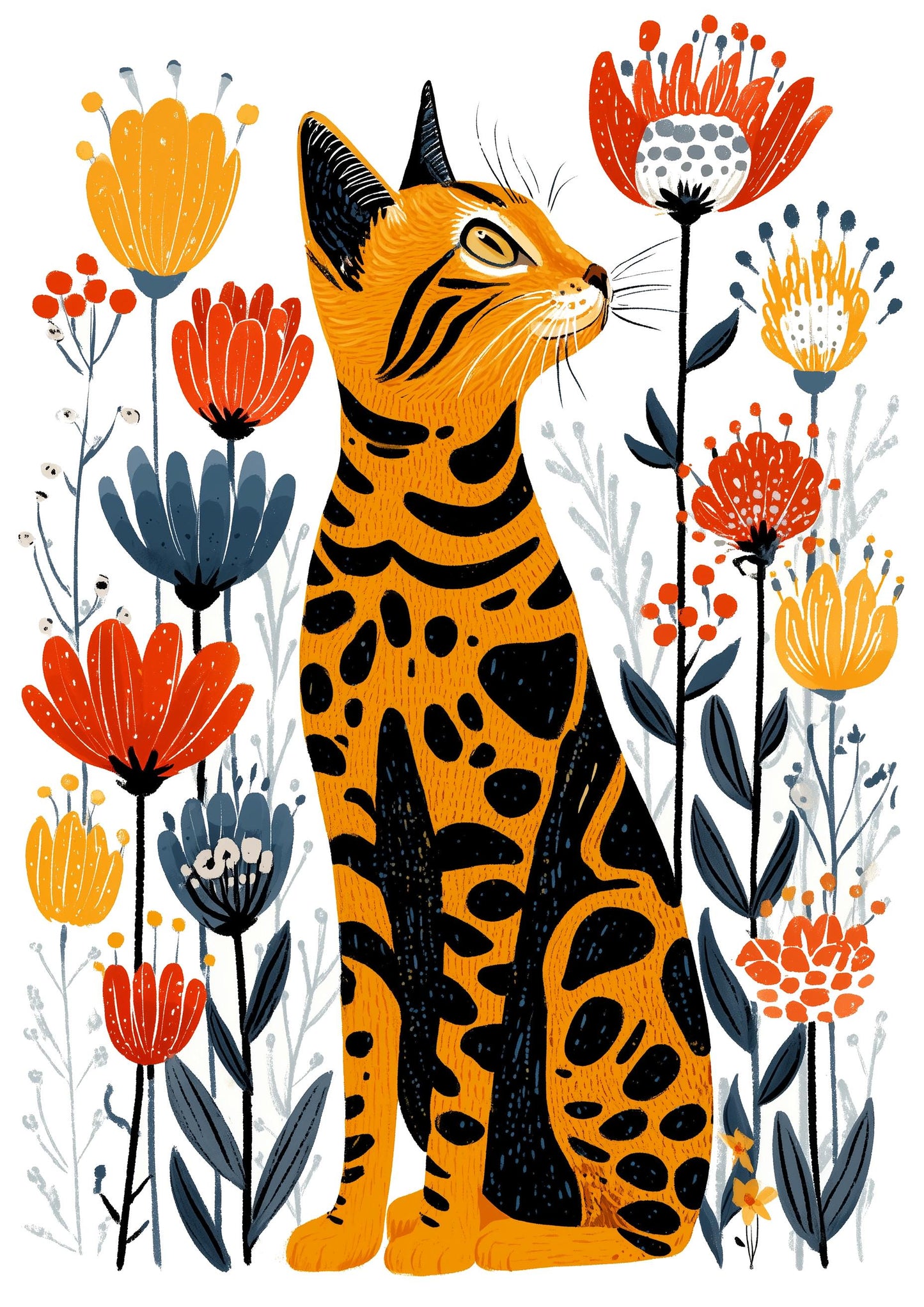 Bengal Cat folk-art greeting card, blank inside