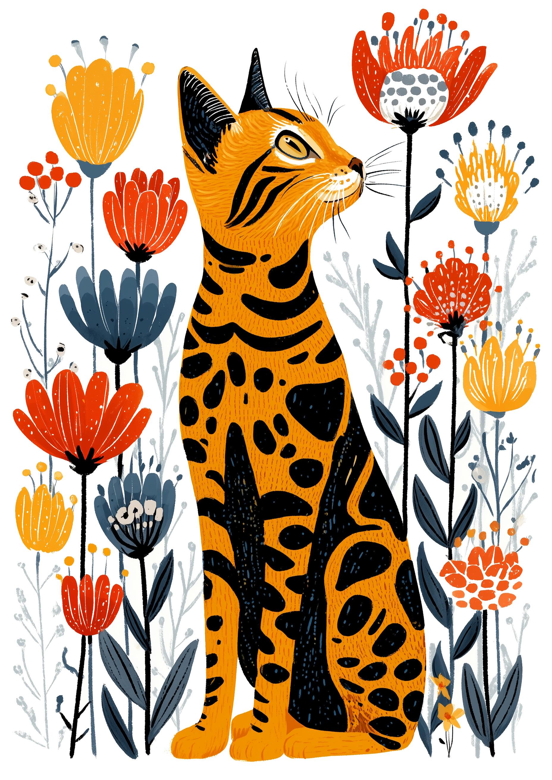 Bengal Cat folk-art greeting card, blank inside