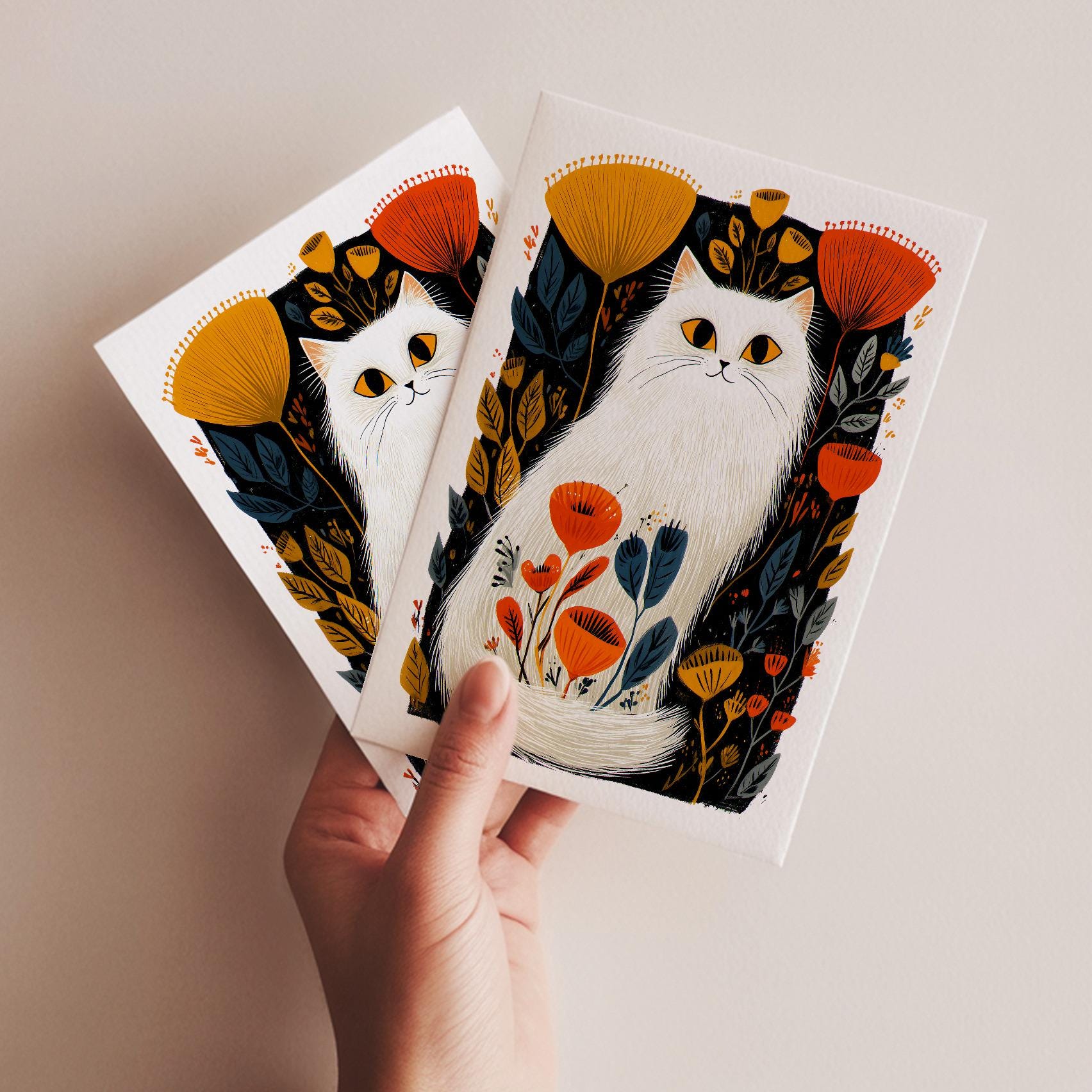 White Cat folk-art greeting card, blank inside