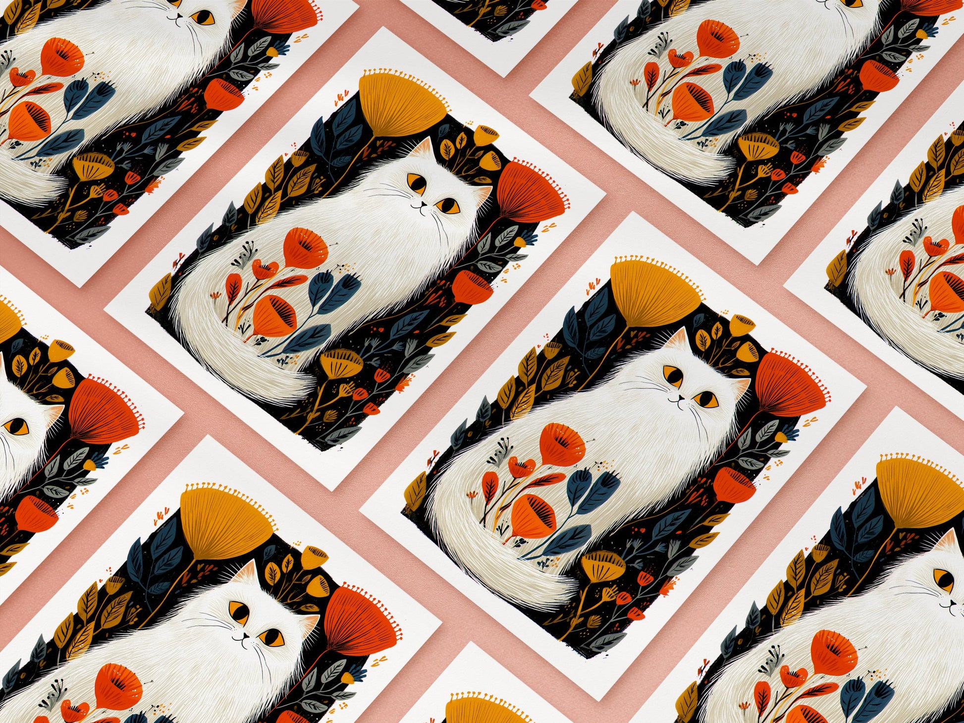 White Cat folk-art greeting card, blank inside