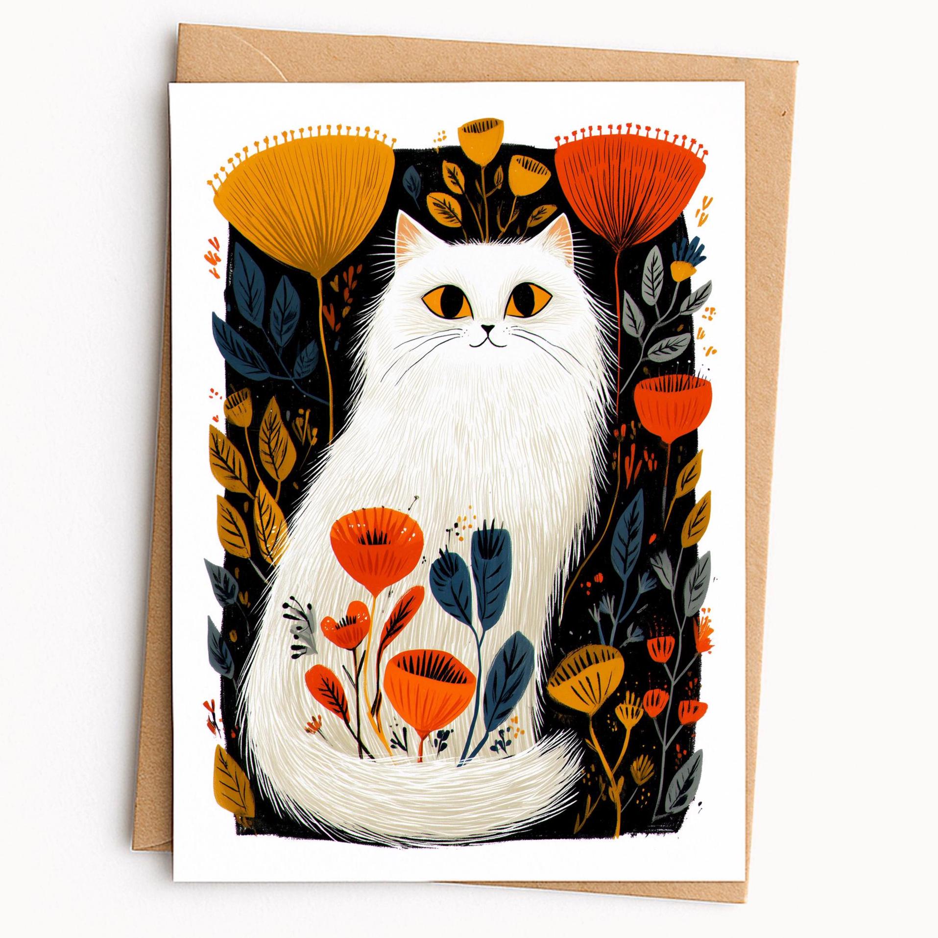 White Cat folk-art greeting card, blank inside
