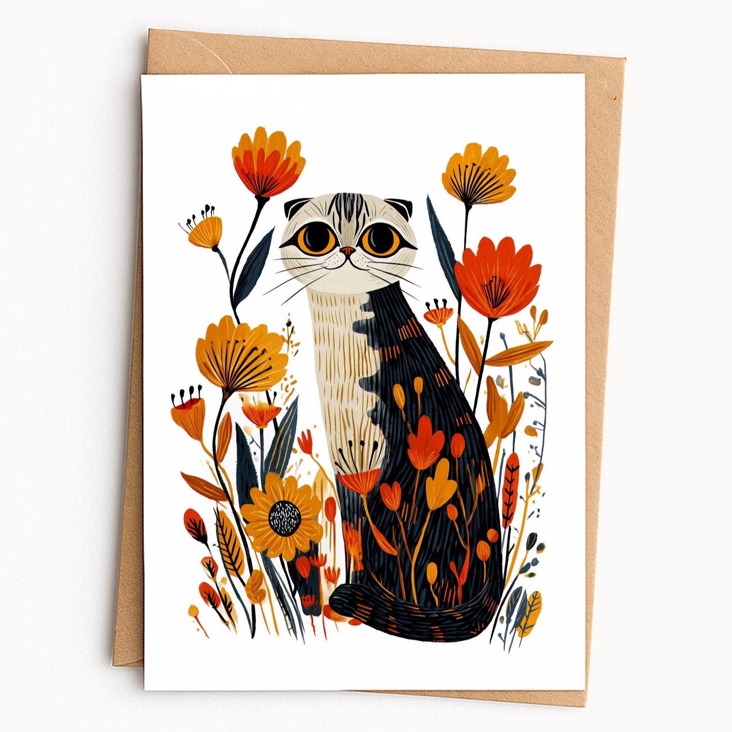 Scottish Fold Cat folk-art greeting card, blank inside