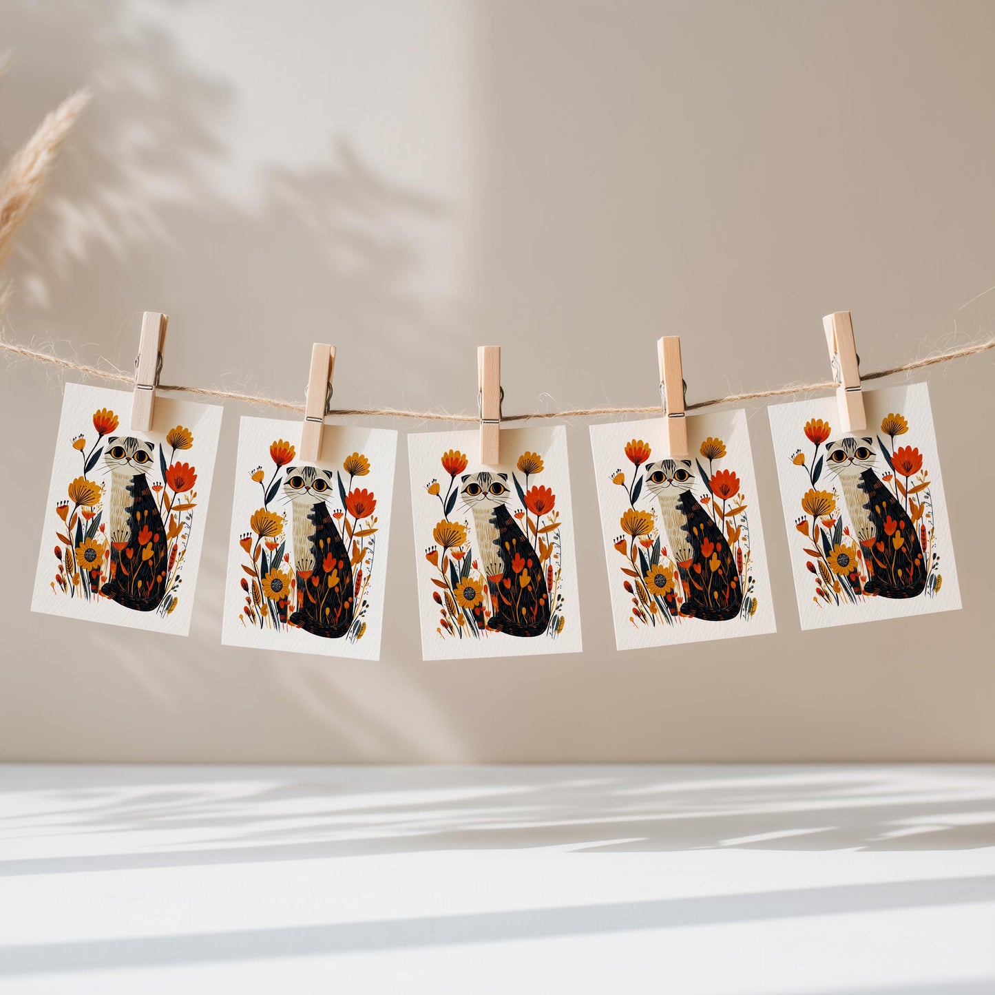 Scottish Fold Cat folk-art greeting card, blank inside