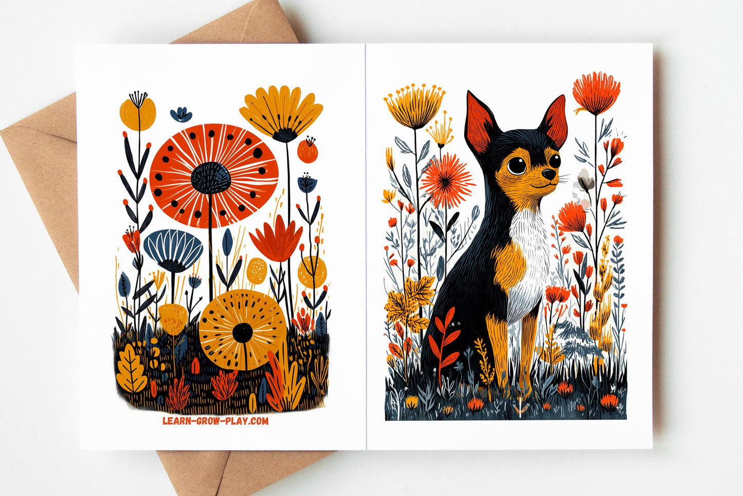 Chihuahua folk-art greeting card, blank inside