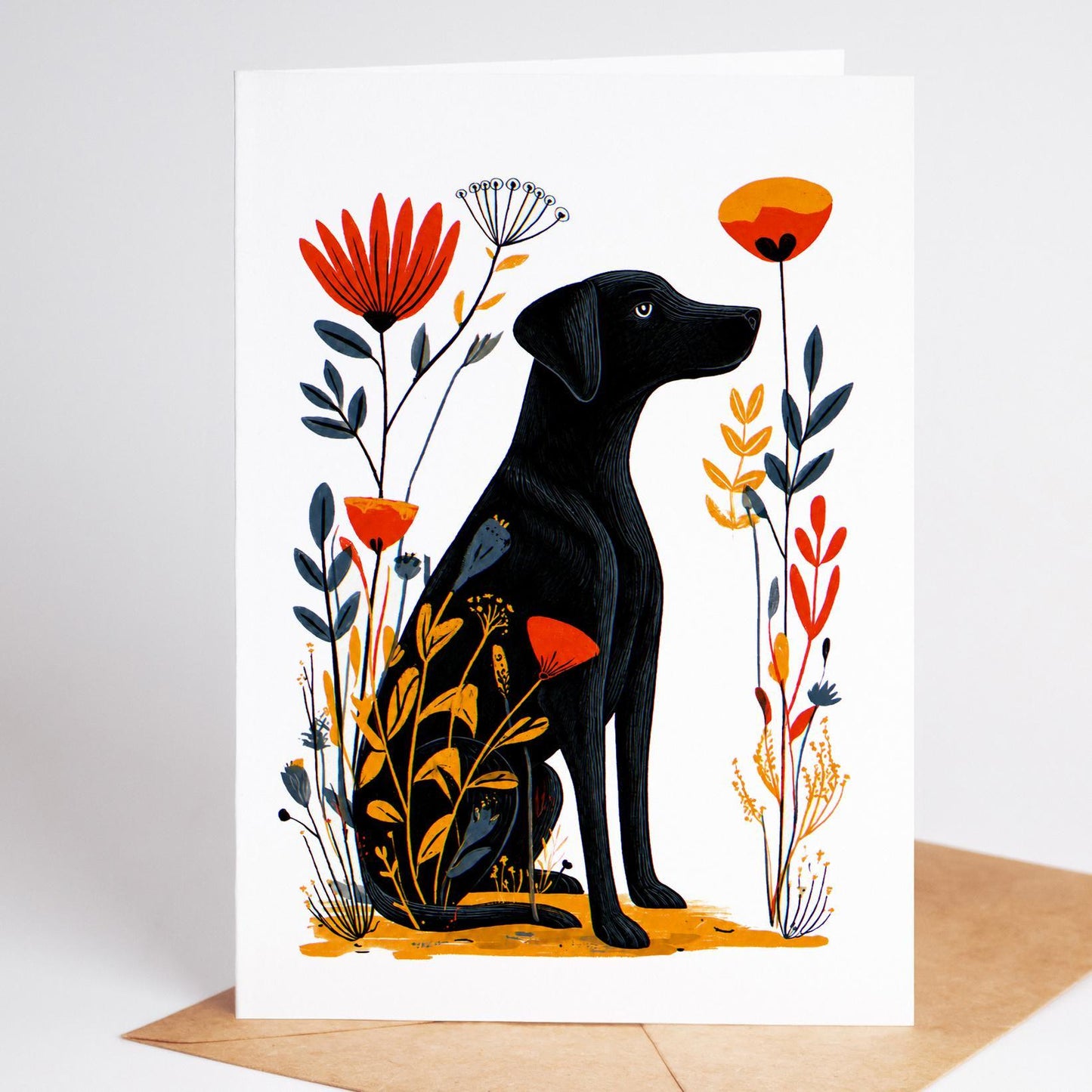 Chocolate Lab folk-art greeting card, blank inside