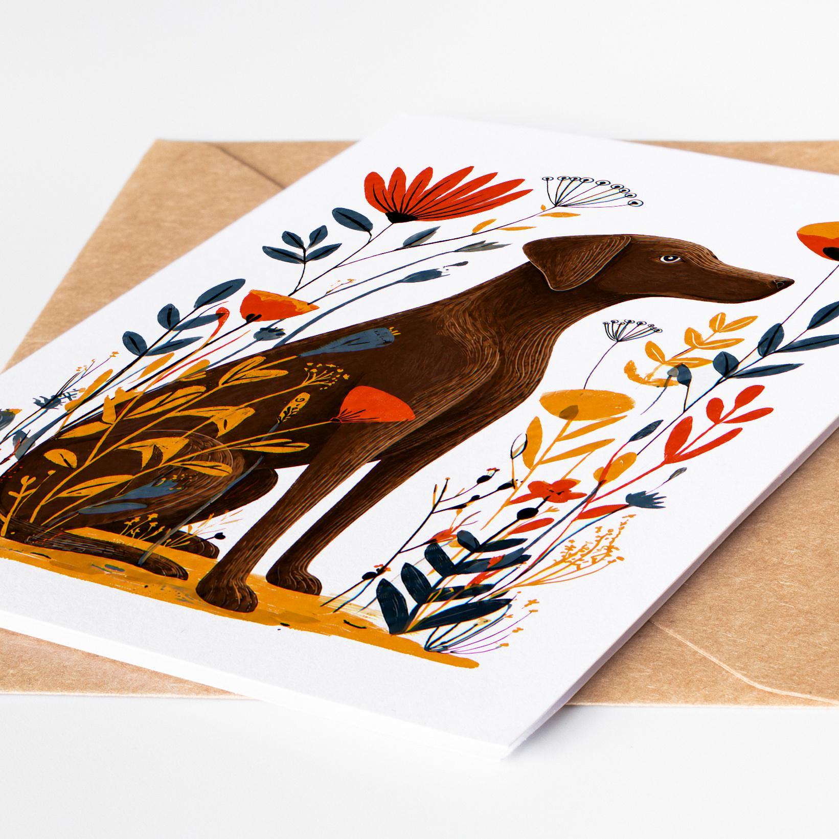 Chocolate Lab folk-art greeting card, blank inside