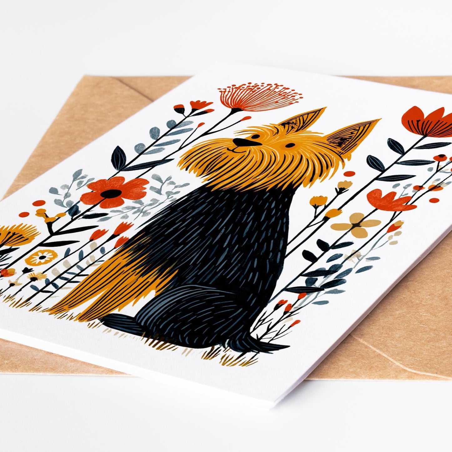 Yorkie folk-art greeting card, blank inside