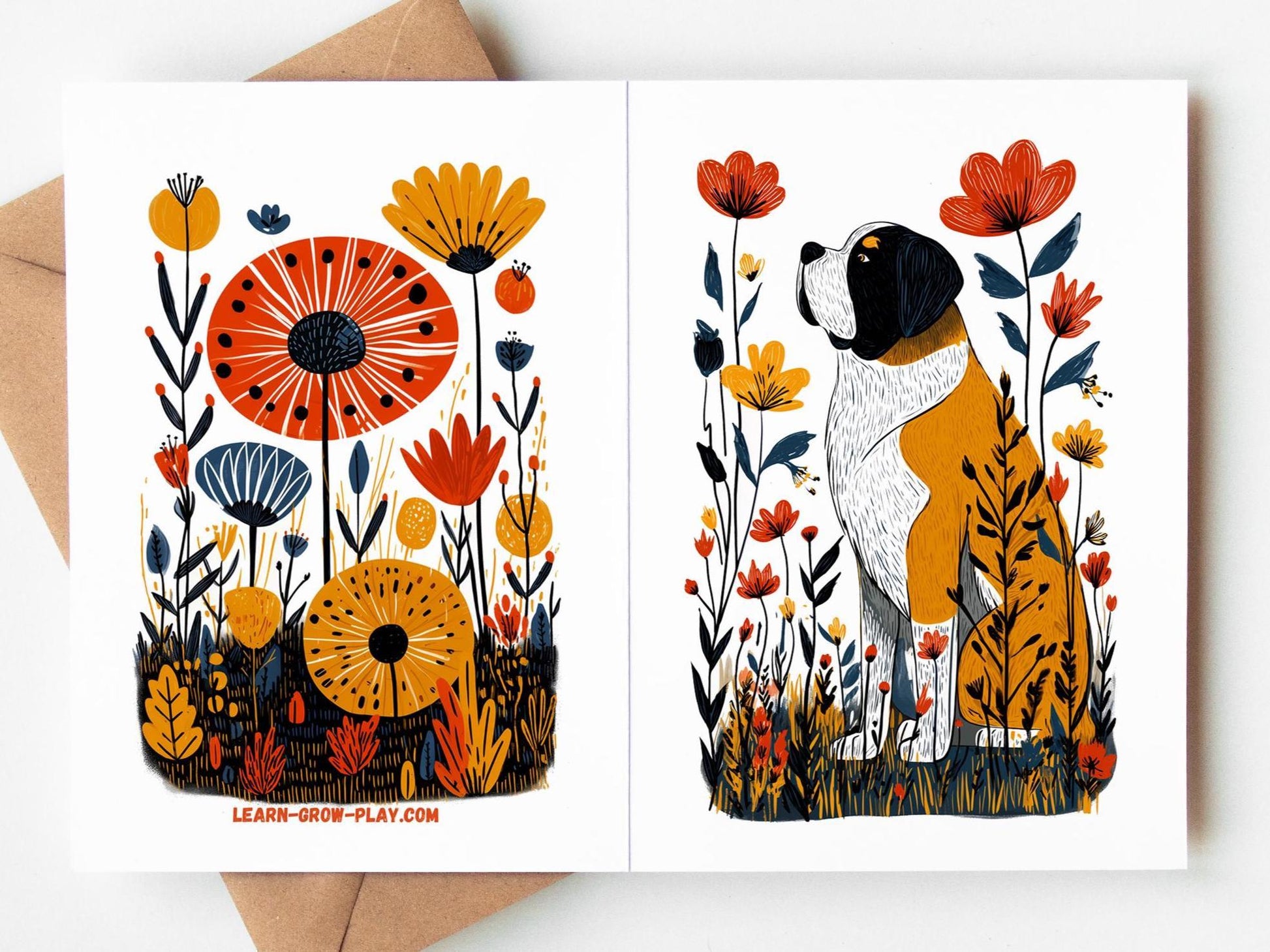 St. Bernard folk-art greeting card, blank inside