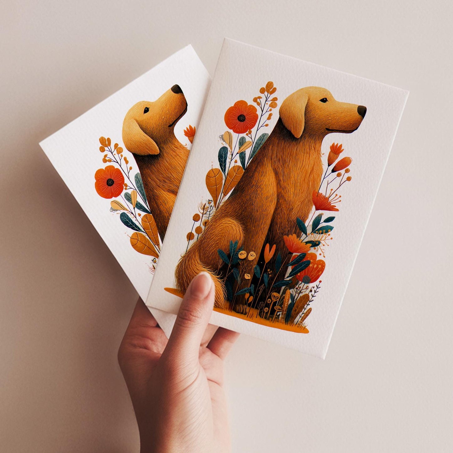 Golden Retriever folk-art greeting card, blank inside