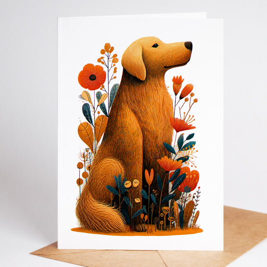 Golden Retriever folk-art greeting card, blank inside