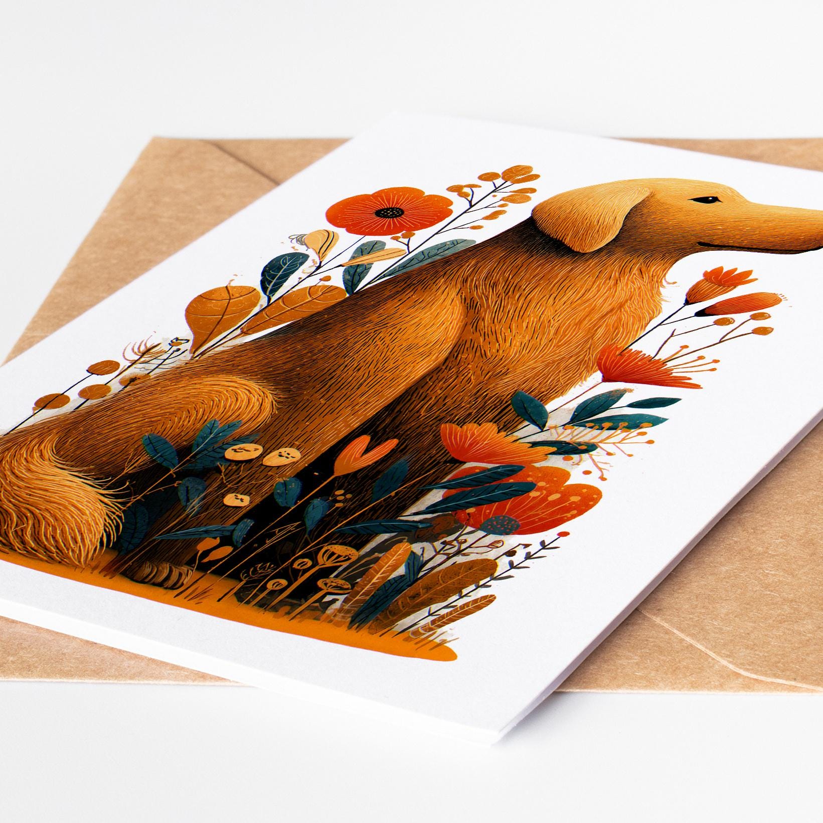 Golden Retriever folk-art greeting card, blank inside